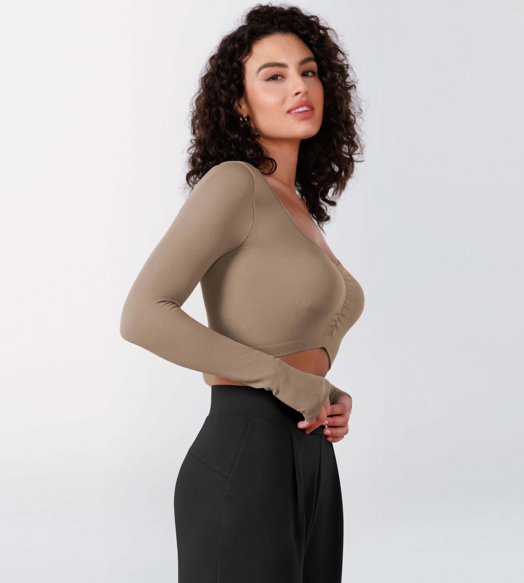 Long Sleeve Ruched Front Seamless Ribbed Cropped Top Taupe - ododos