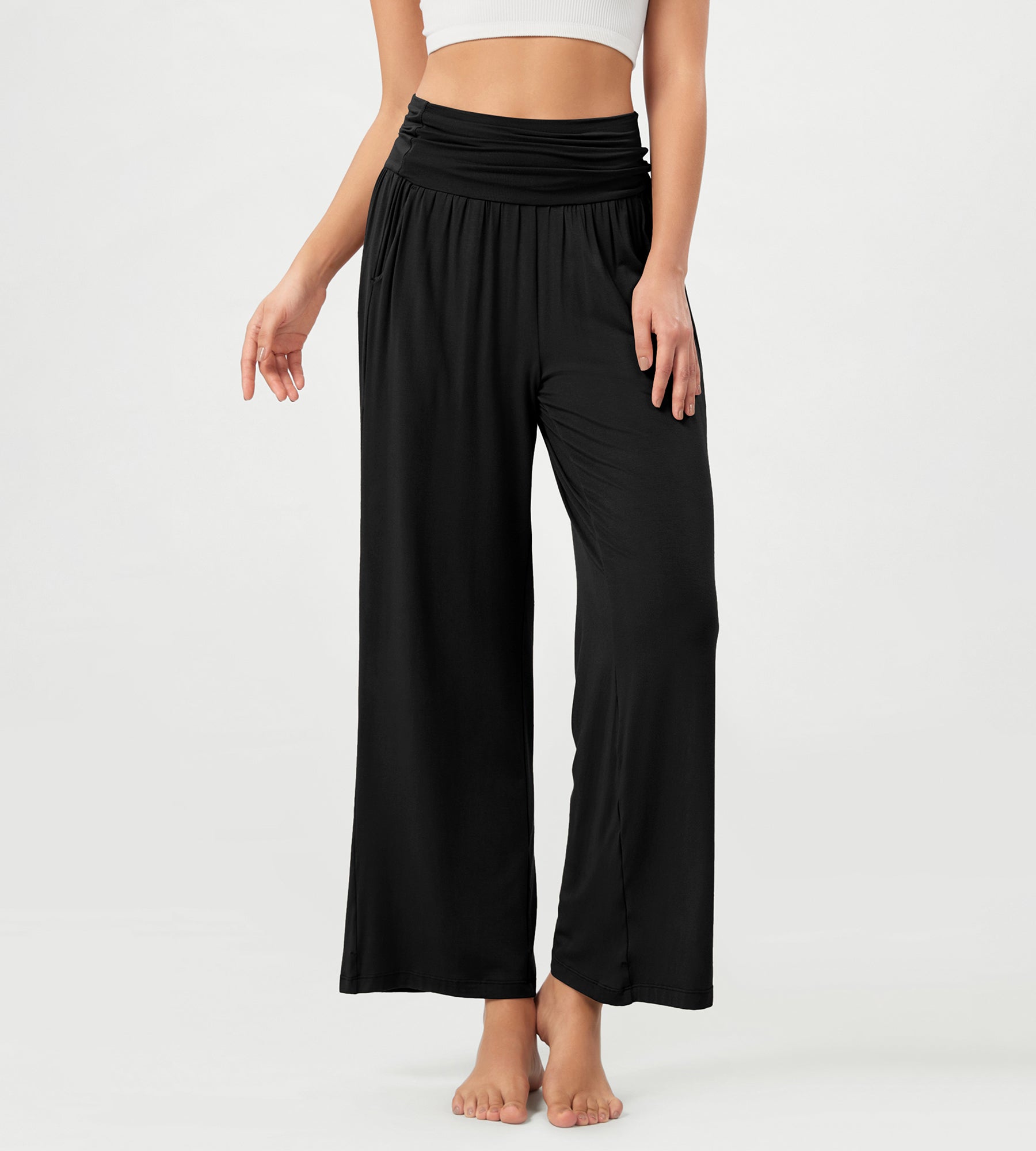 26" Wide Leg Palazzo Loose Comfy Lounge Pants with Pockets Black - ododos