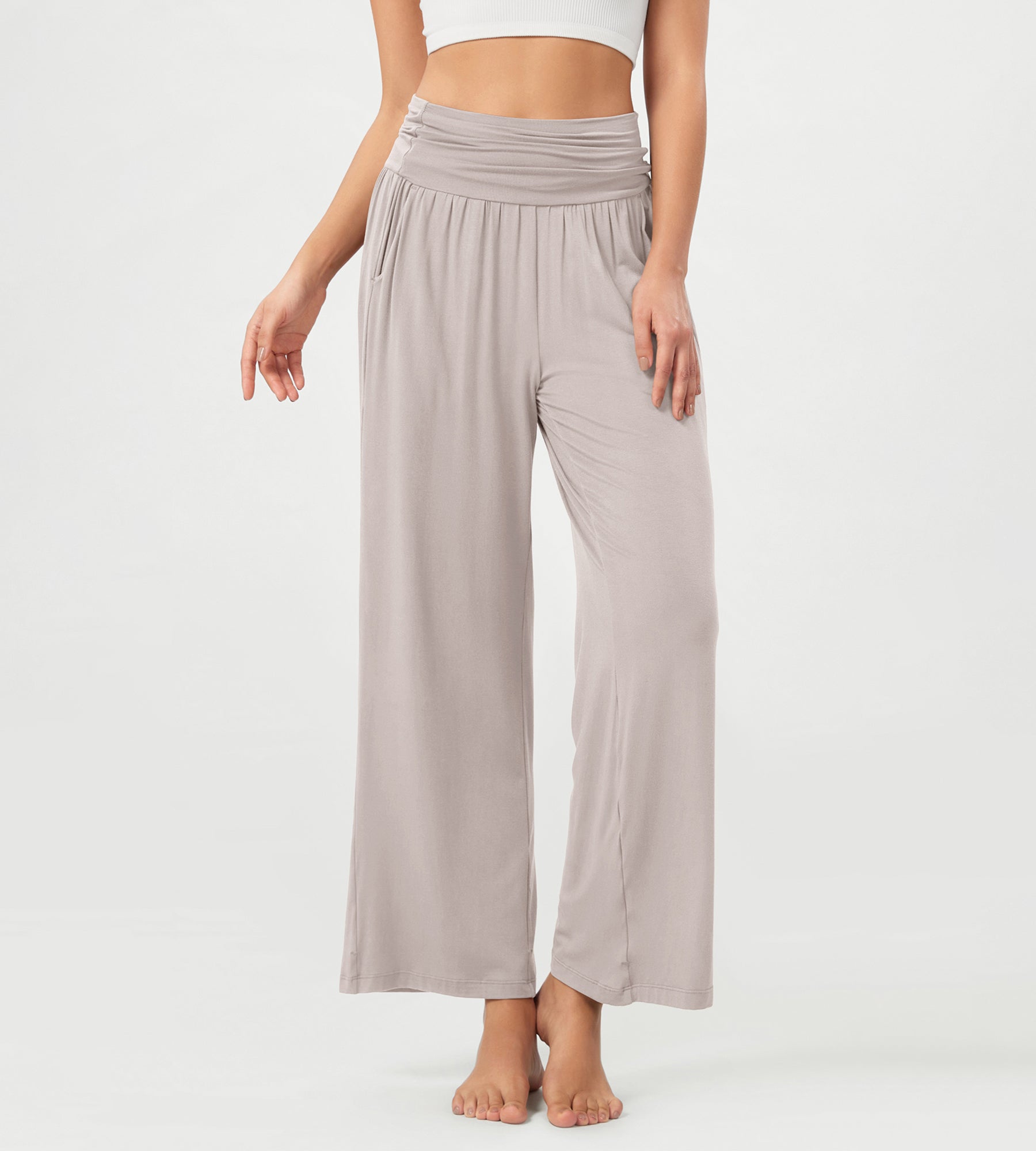 26 Wide Leg Palazzo Loose Comfy Lounge Pants with Pockets Light Beige - ododos