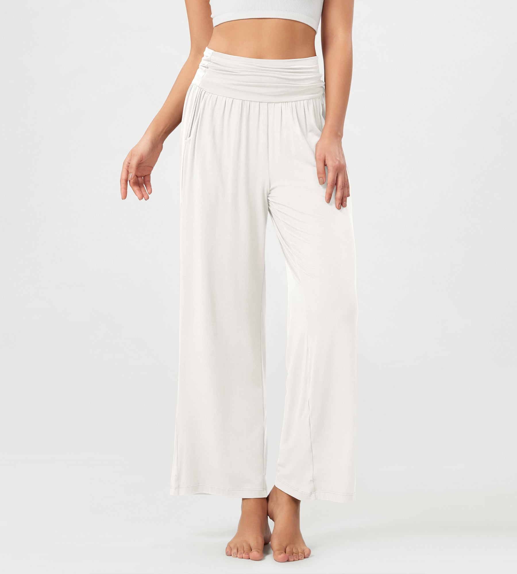 26" Wide Leg Palazzo Loose Comfy Lounge Pants with Pockets Off-white - ododos