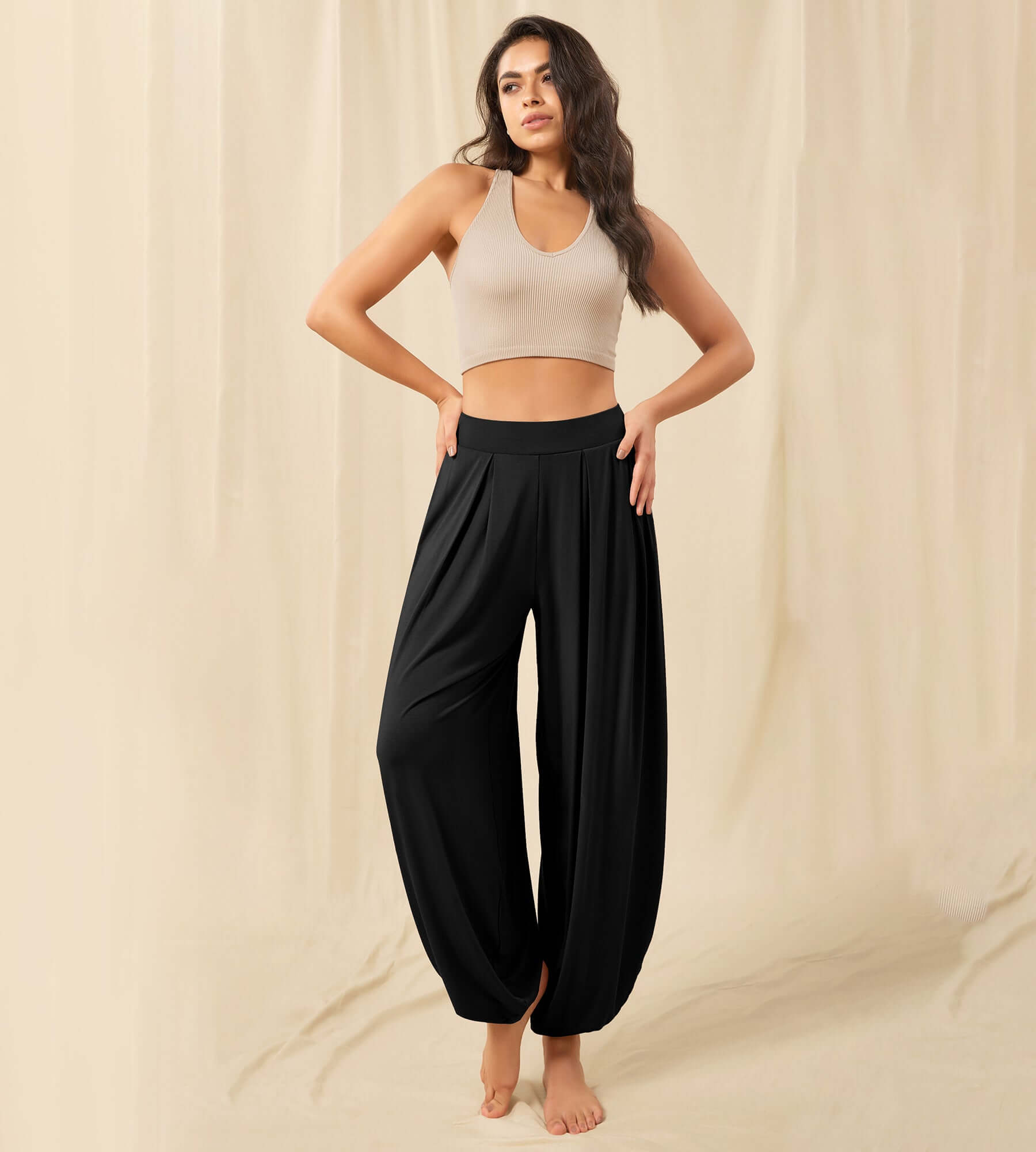 Women's Wide Leg Loose Draped Harem Pants with Pockets Black - ododos