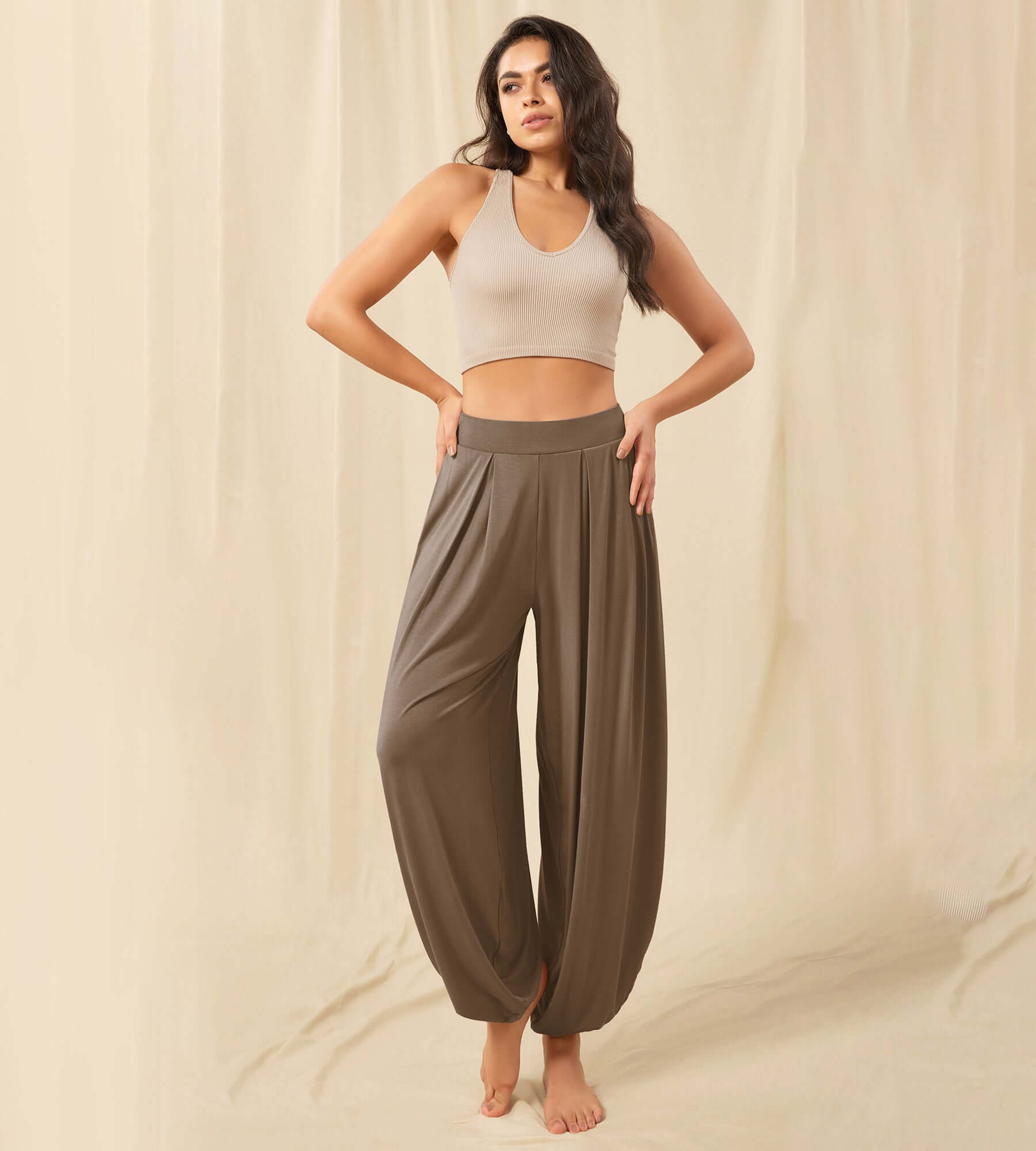 Women's Wide Leg Loose Draped Harem Pants with Pockets Brownie - ododos