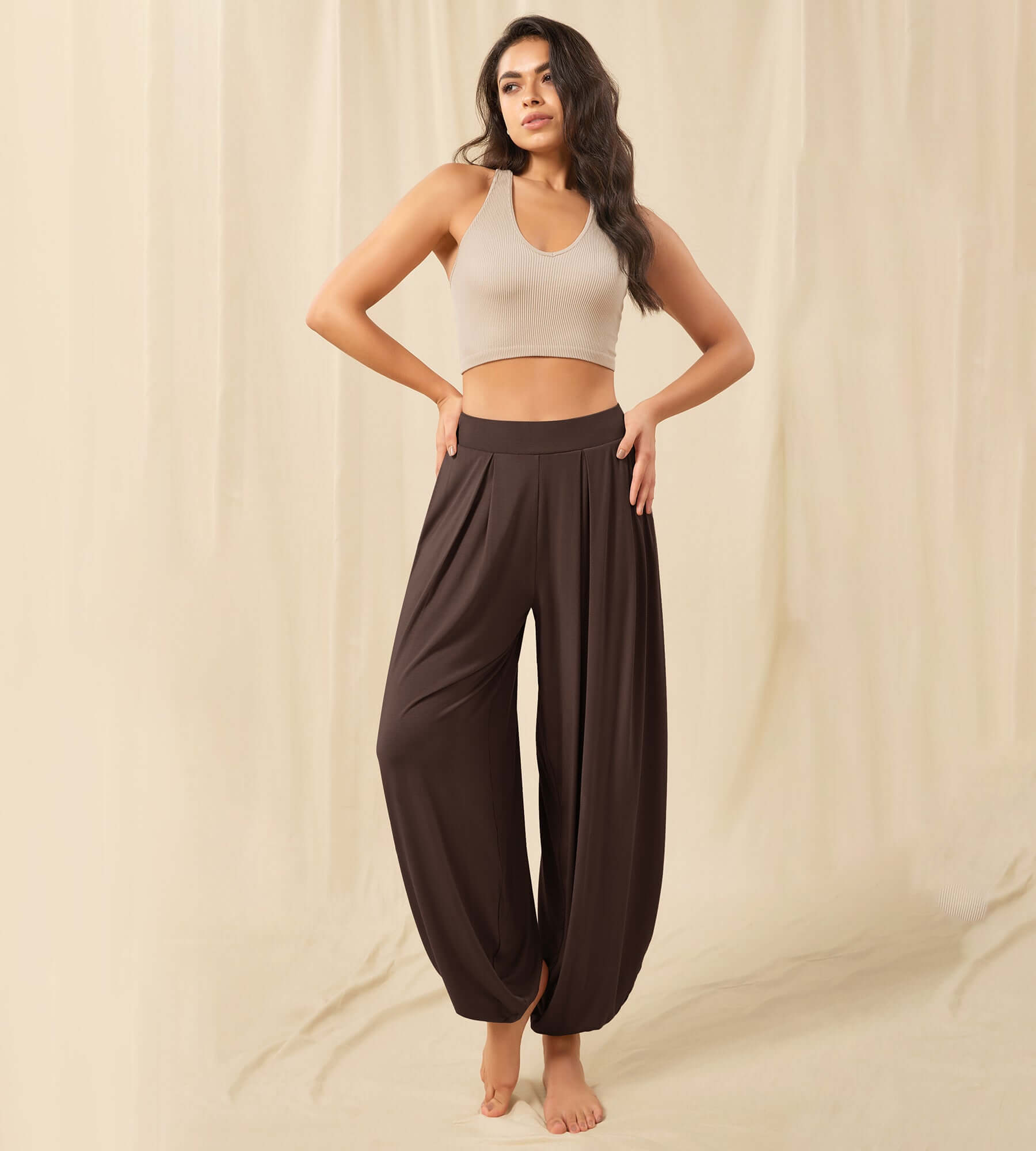 Women's Wide Leg Loose Draped Harem Pants with Pockets Chocolate - ododos