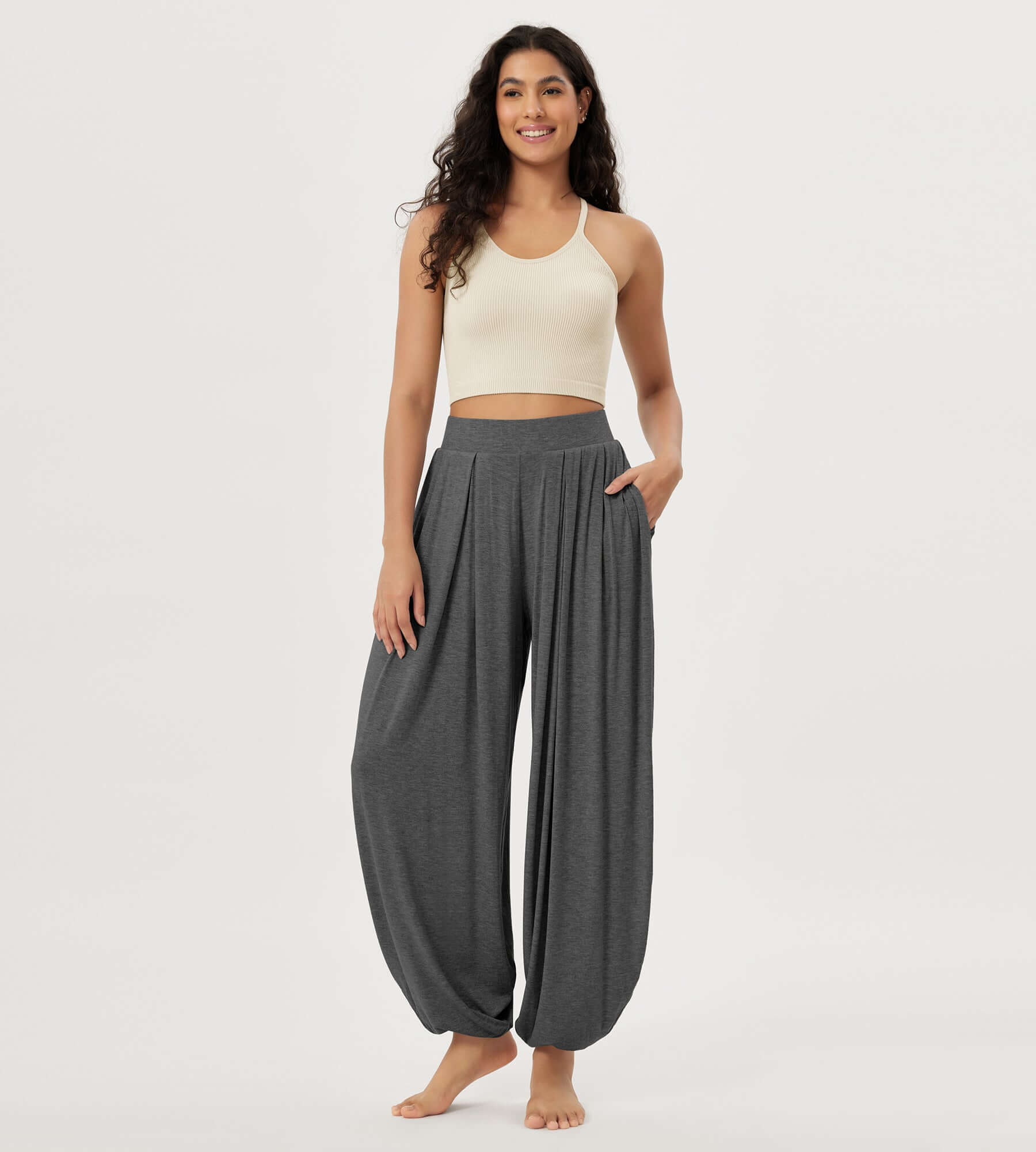 Women's Wide Leg Loose Draped Harem Pants with Pockets Charcoal Heather - ododos