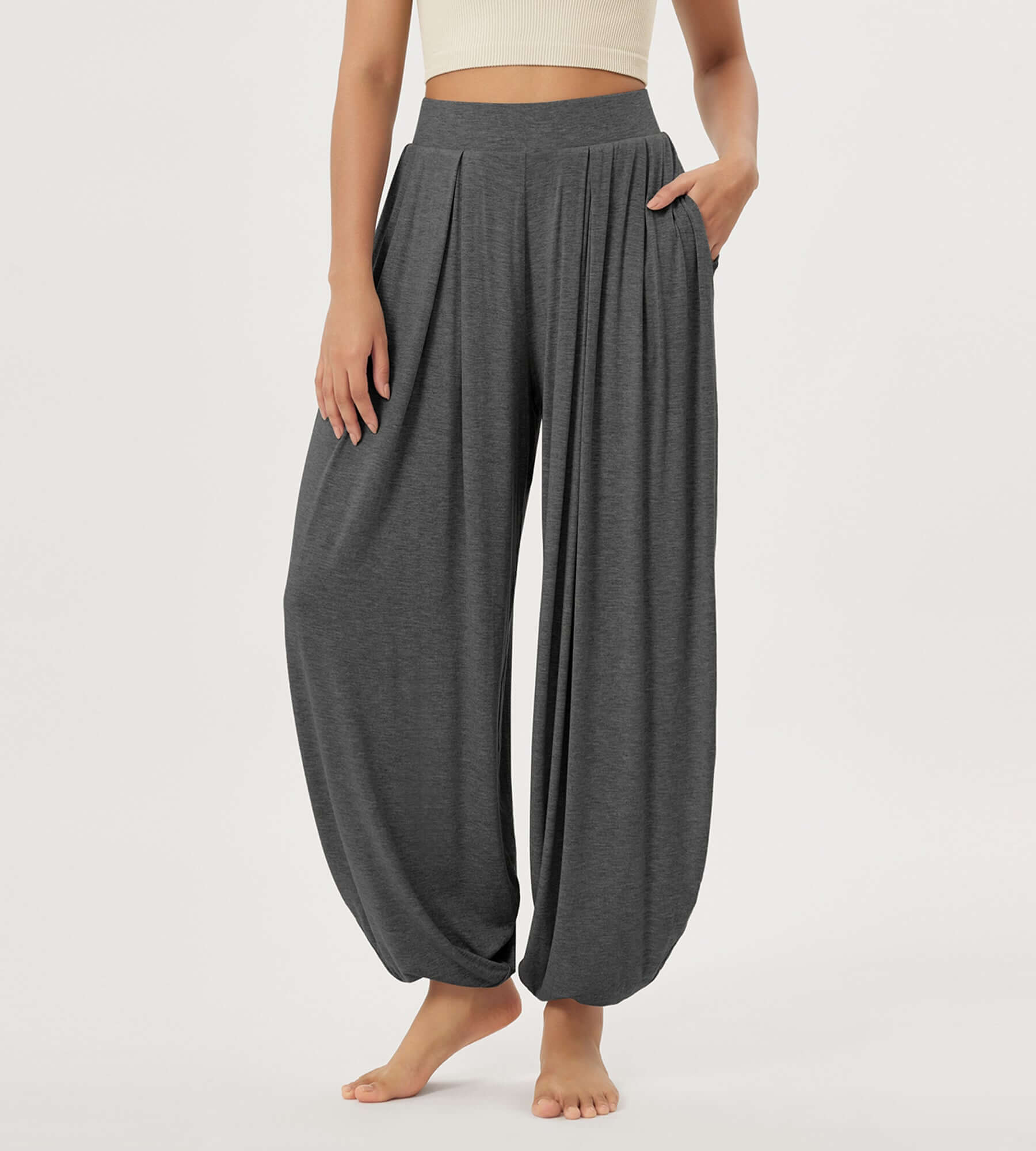 Women's Wide Leg Loose Draped Harem Pants with Pockets - ododos