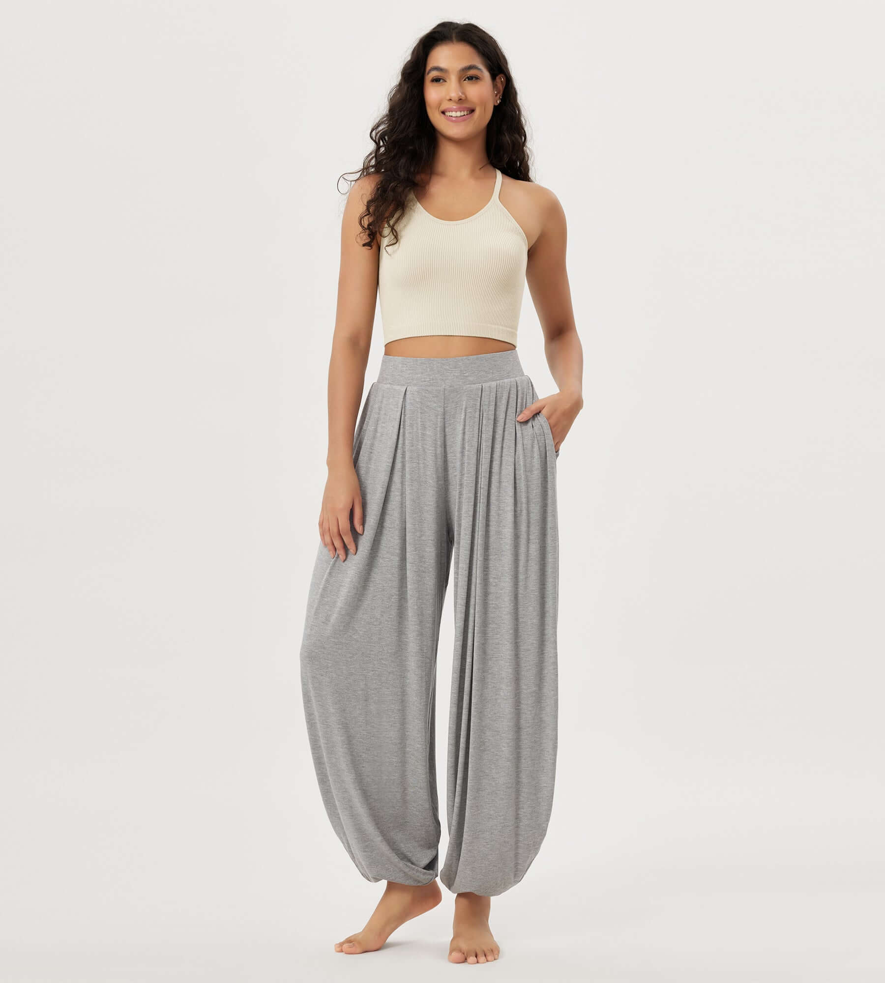 Women's Wide Leg Loose Draped Harem Pants with Pockets Heather Gray - ododos