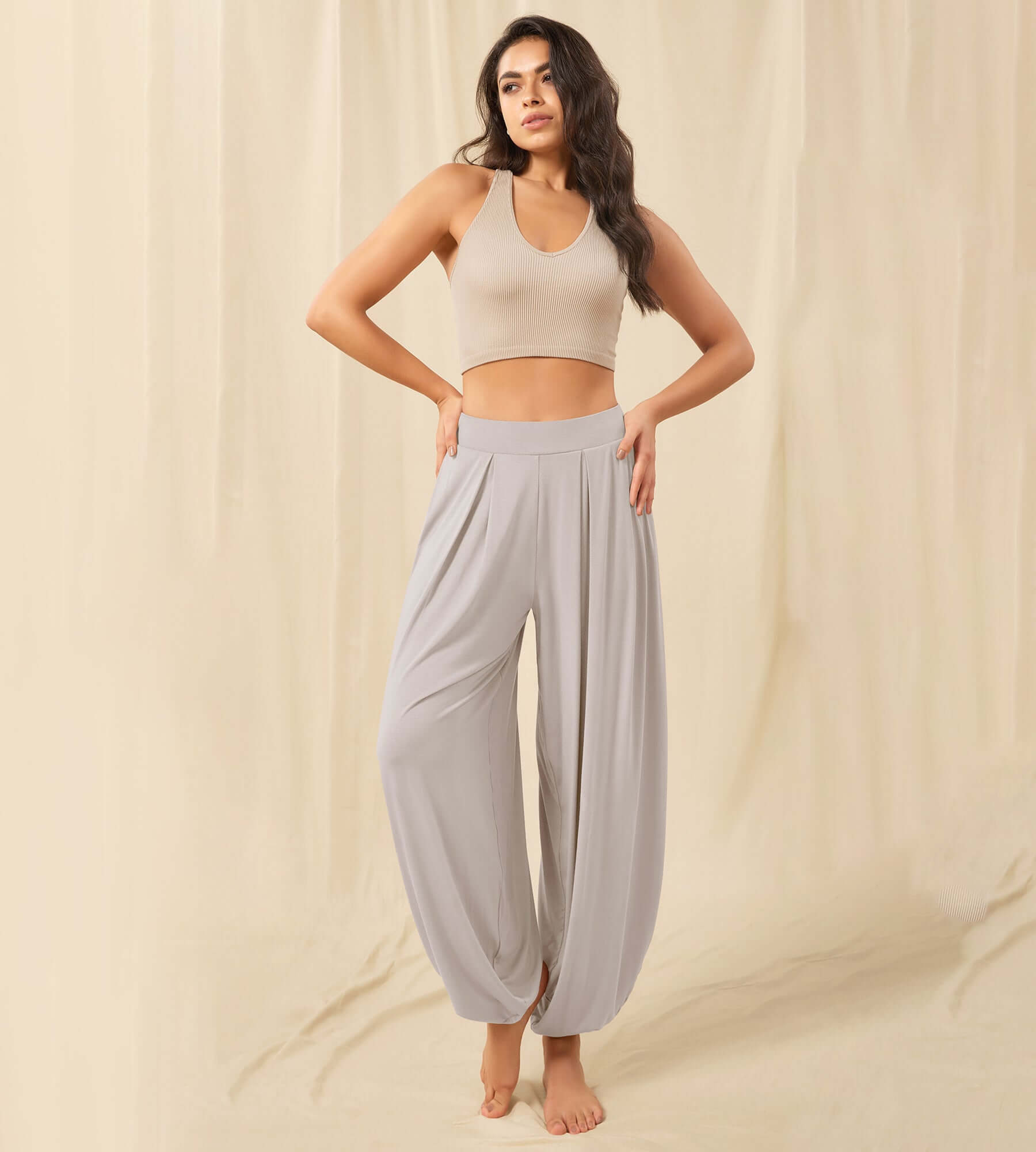 Women's Wide Leg Loose Draped Harem Pants with Pockets Light Beige - ododos