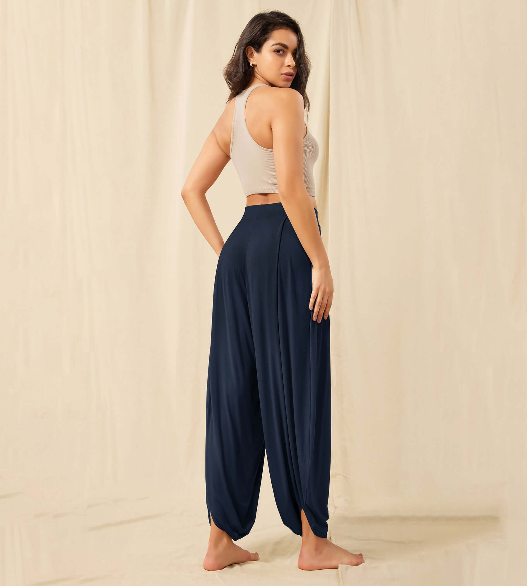 Women's Wide Leg Loose Draped Harem Pants with Pockets - ododos