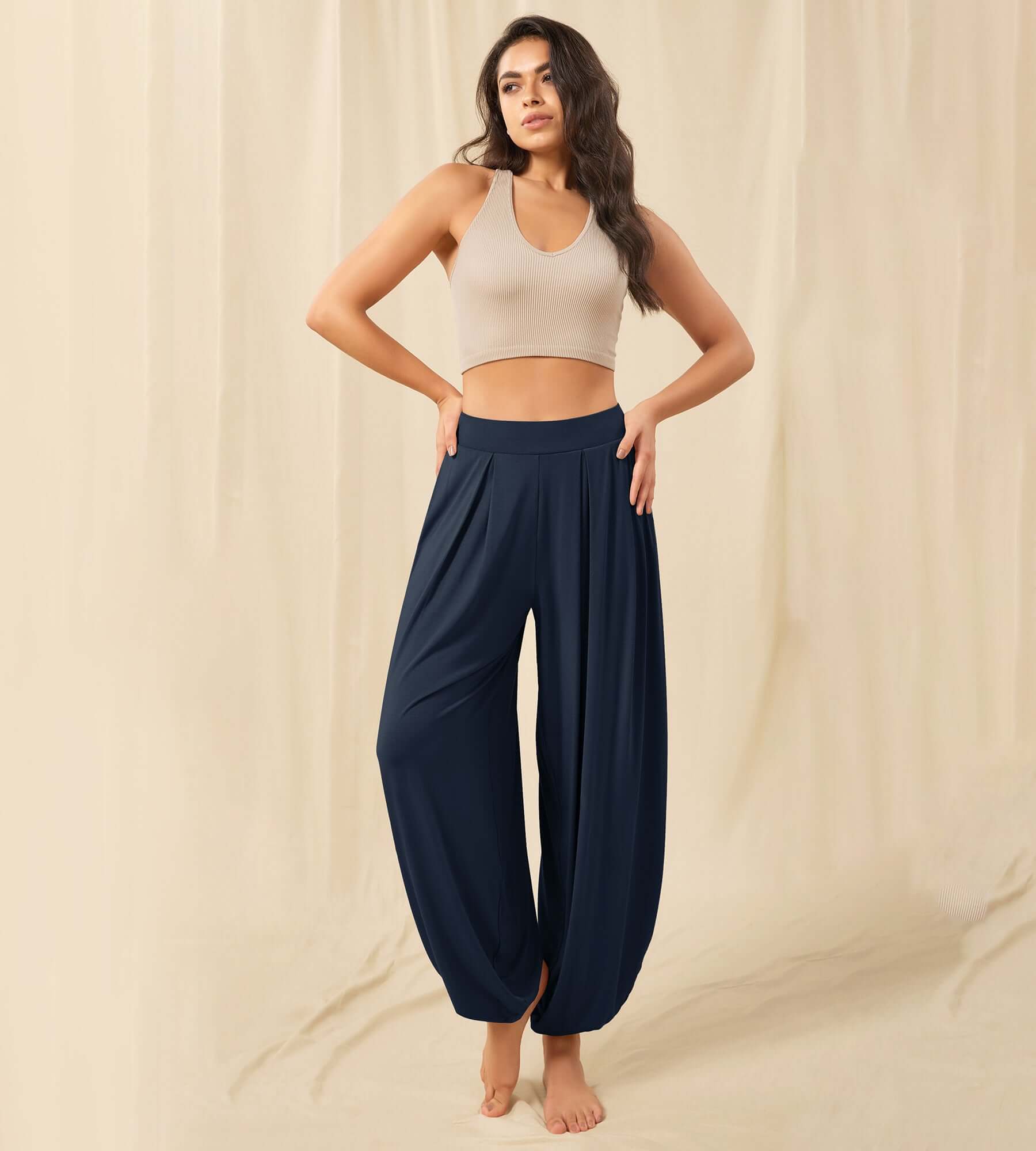 Women's Wide Leg Loose Draped Harem Pants with Pockets Midnight - ododos