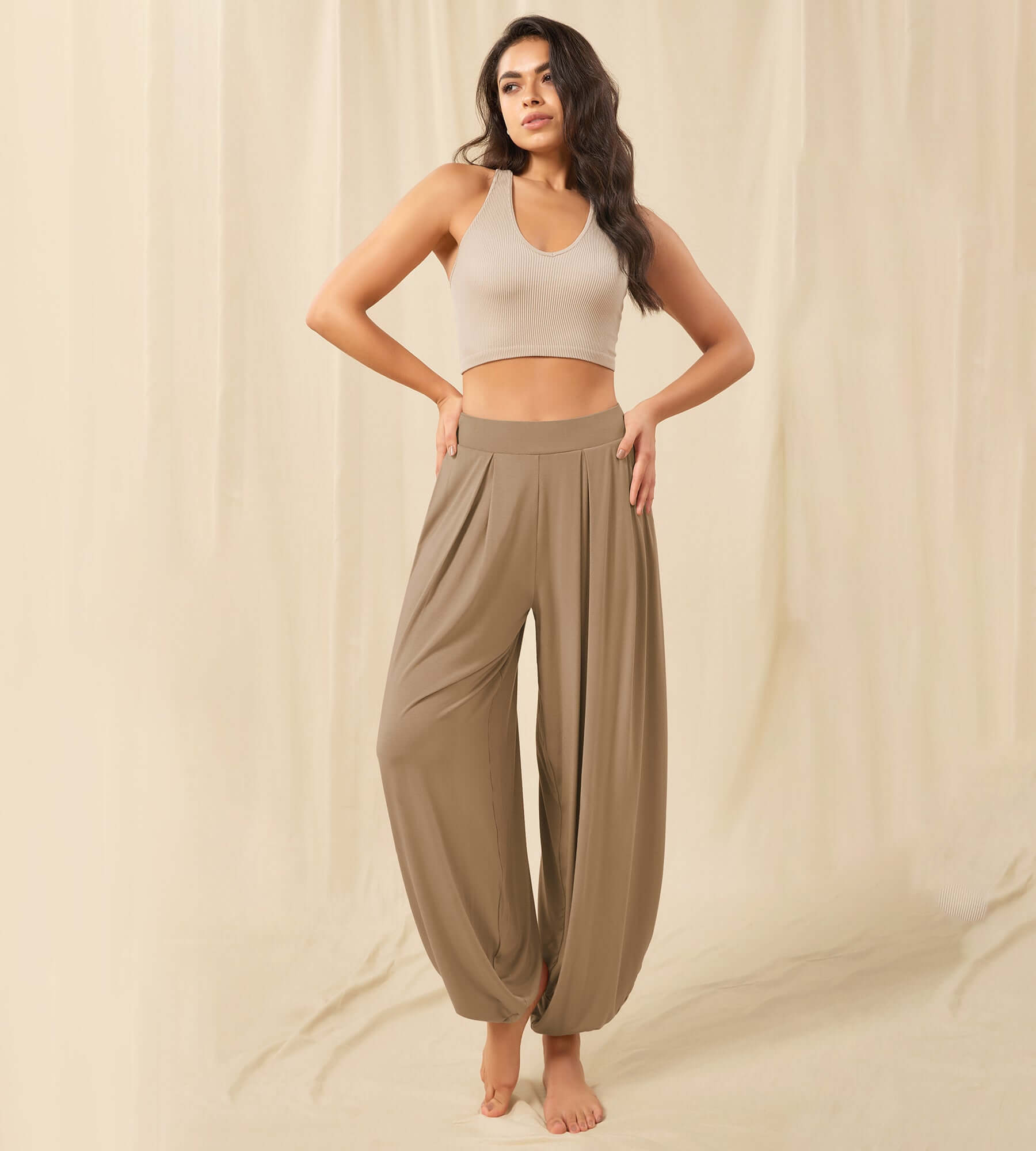 Women's Wide Leg Loose Draped Harem Pants with Pockets Peanut - ododos