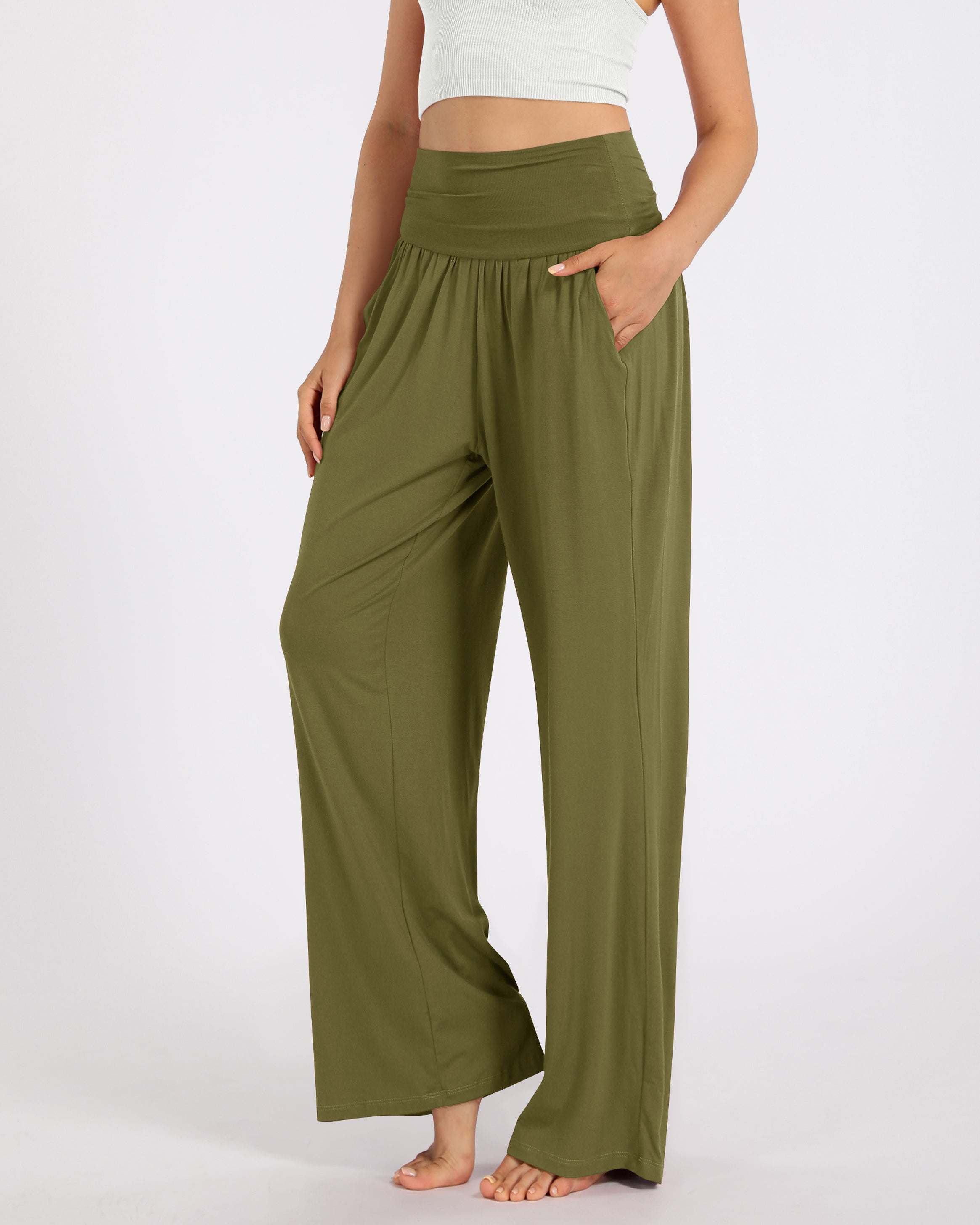 28 Wide Leg Palazzo Loose Comfy Lounge Pants with Pockets Army - ododos
