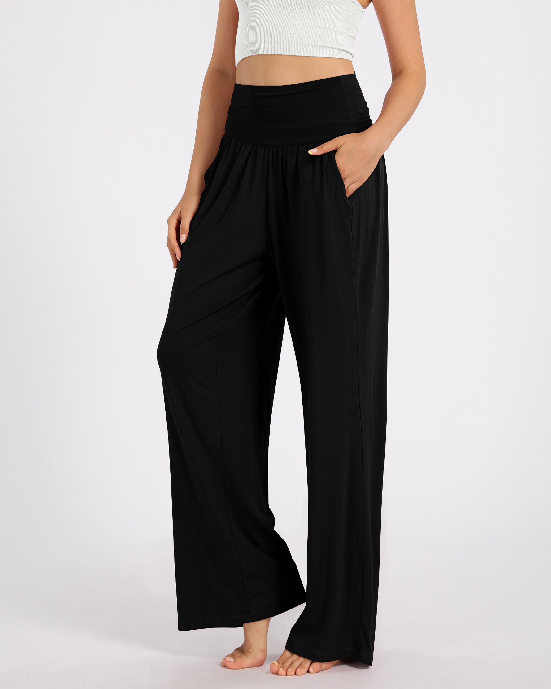 28 Wide Leg Palazzo Loose Comfy Lounge Pants with Pockets Black - ododos