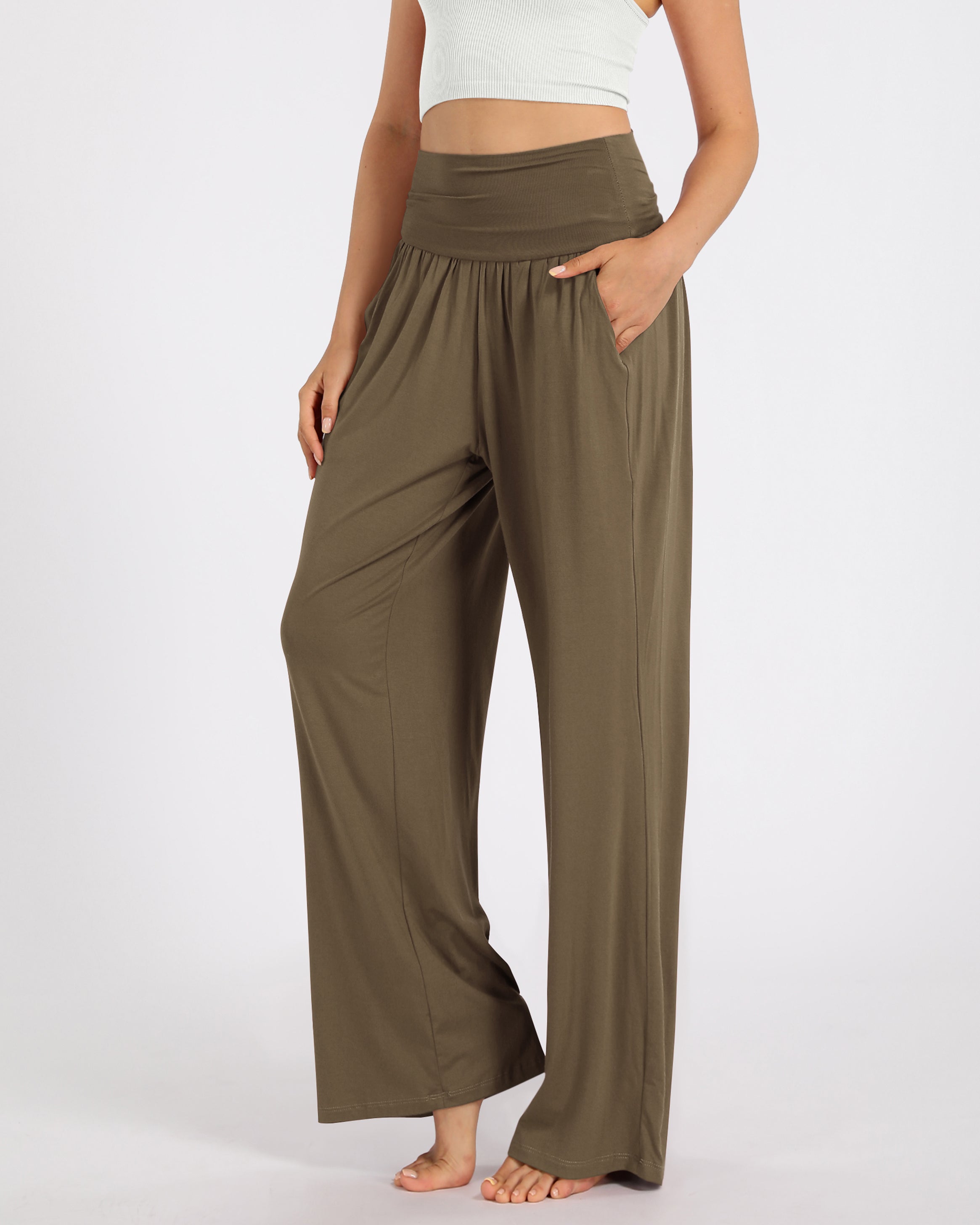 28 Wide Leg Palazzo Loose Comfy Lounge Pants with Pockets Brownie - ododos