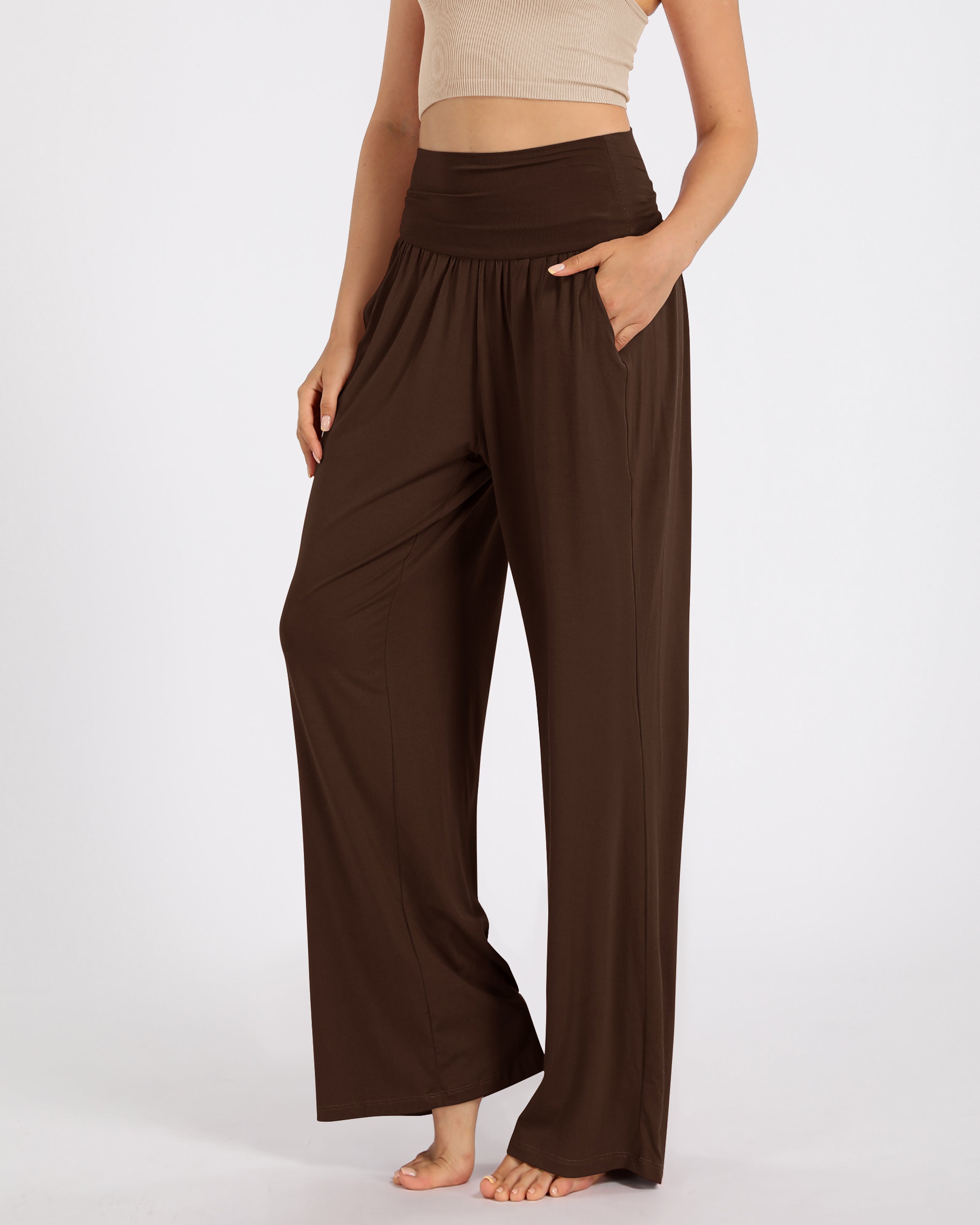 28 Wide Leg Palazzo Loose Comfy Lounge Pants with Pockets Chocolate - ododos