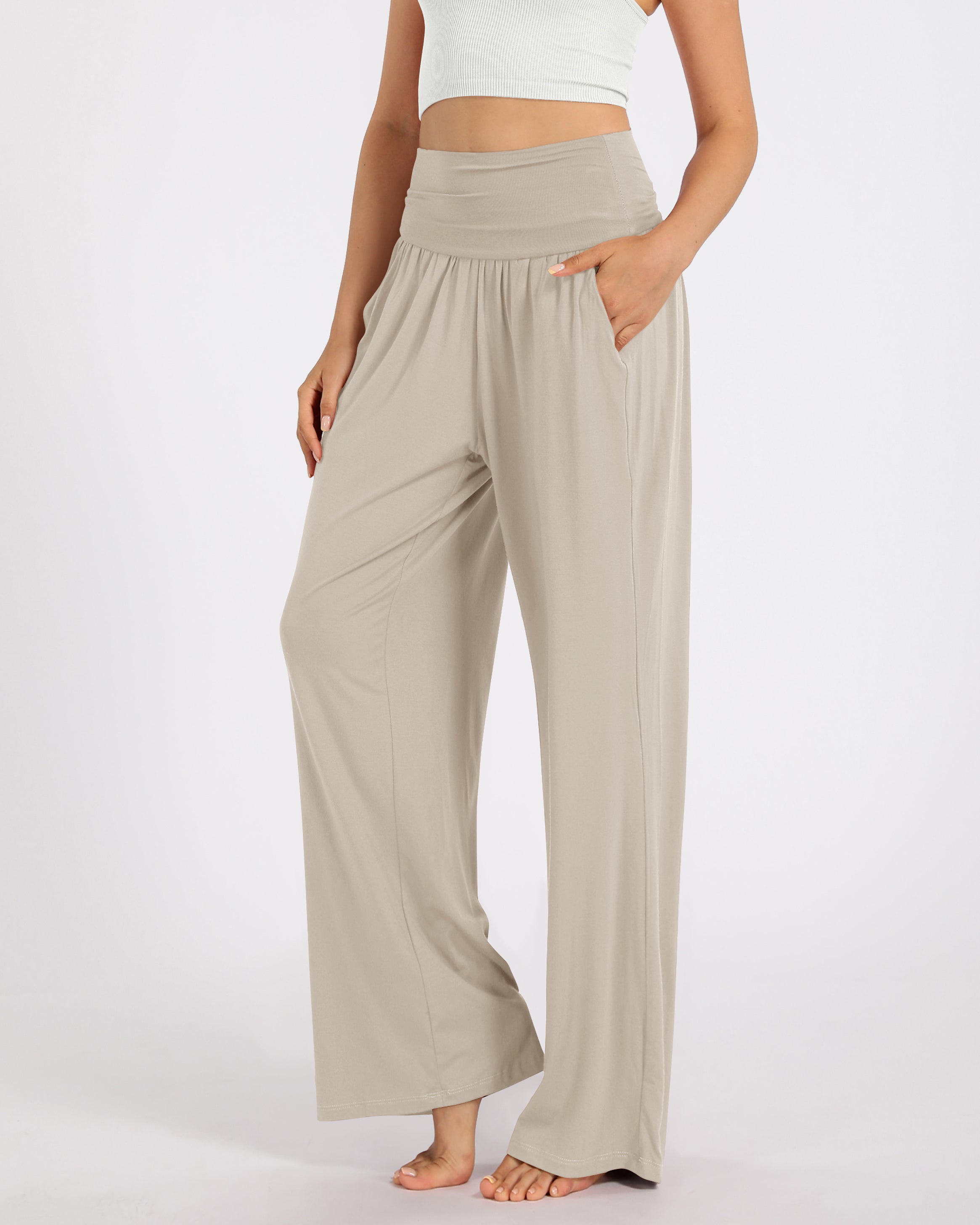 28 Wide Leg Palazzo Loose Comfy Lounge Pants with Pockets Light Beige - ododos