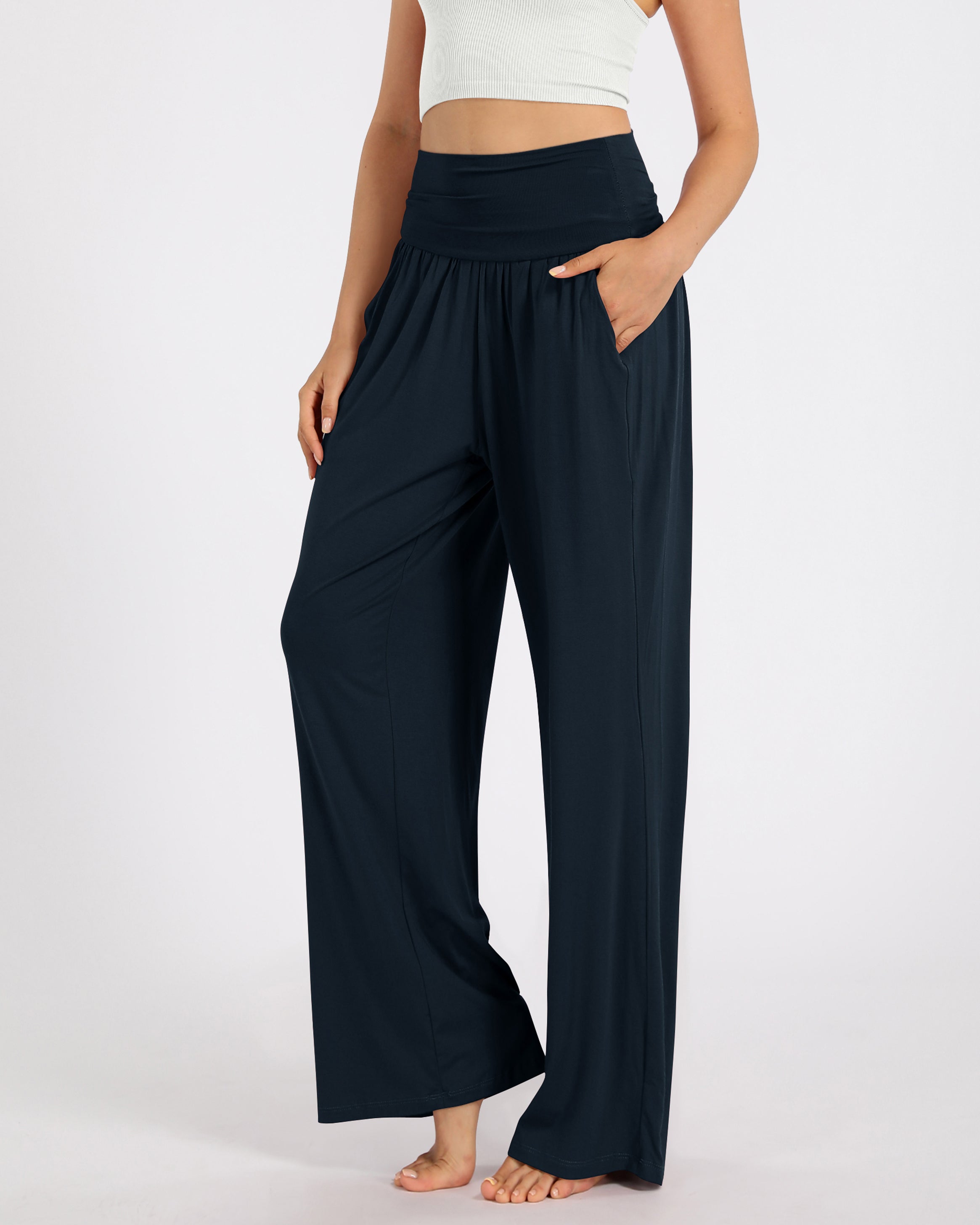 28 Wide Leg Palazzo Loose Comfy Lounge Pants with Pockets Midnight - ododos