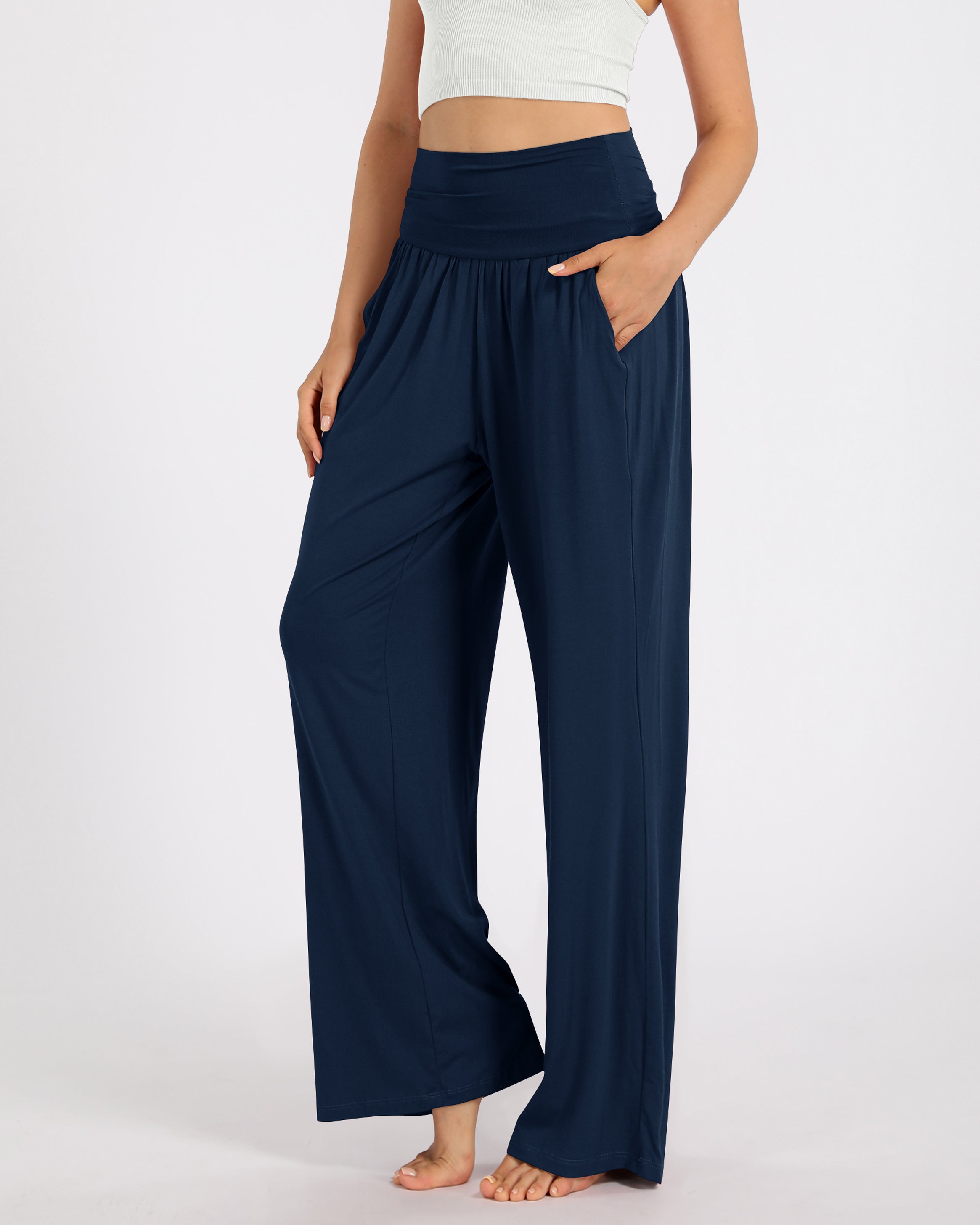 28 Wide Leg Palazzo Loose Comfy Lounge Pants with Pockets Navy - ododos