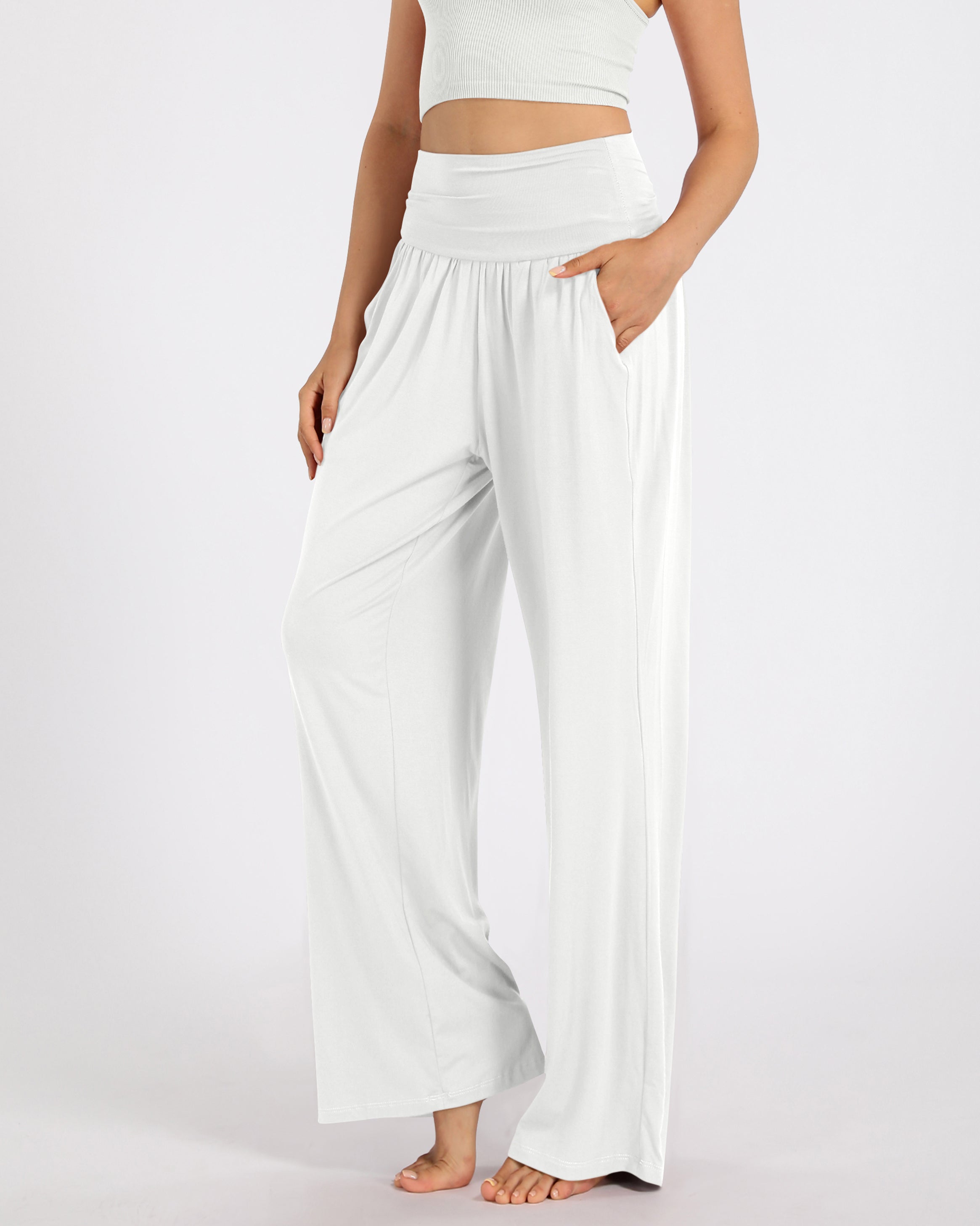 28 Wide Leg Palazzo Loose Comfy Lounge Pants with Pockets White - ododos