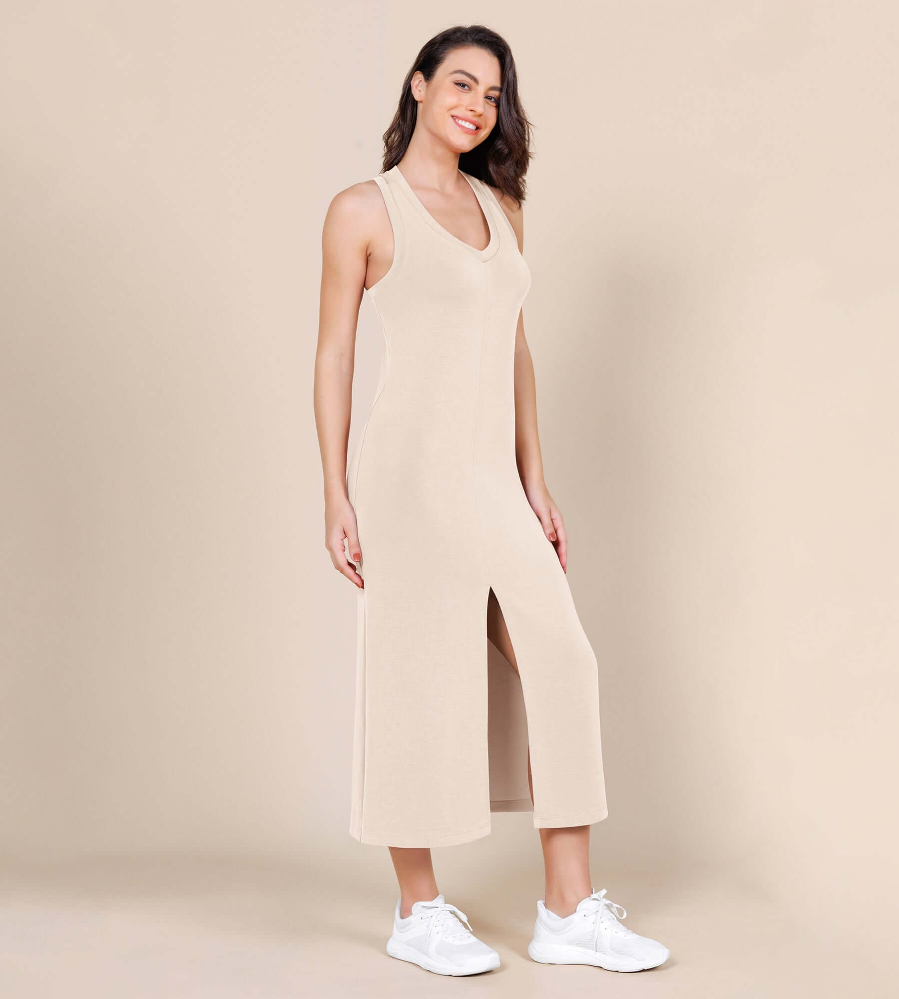 Modal Soft Front Split V Neck Midi Tank Dress Beige - ododos