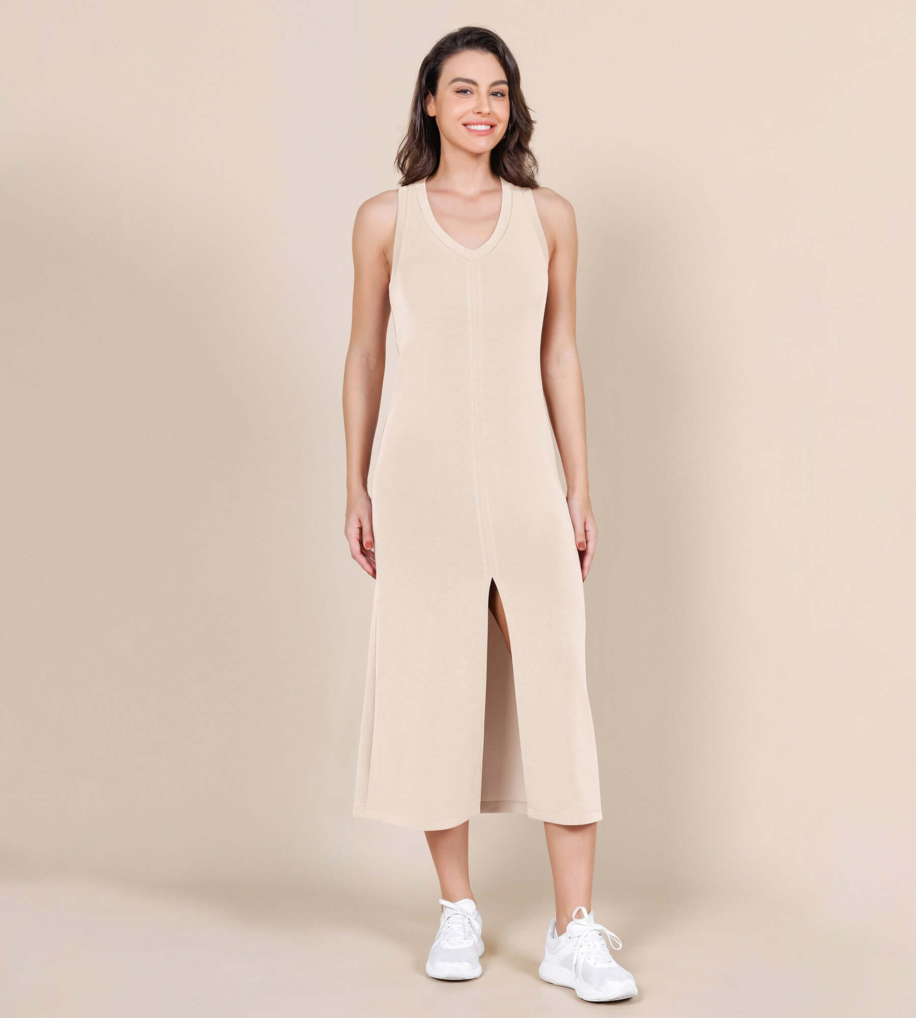 Modal Soft Front Split V Neck Midi Tank Dress - ododos