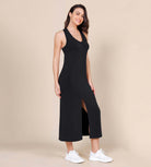 Modal Soft Front Split V Neck Midi Tank Dress Black - ododos