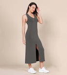 Modal Soft Front Split V Neck Midi Tank Dress Charcoal - ododos