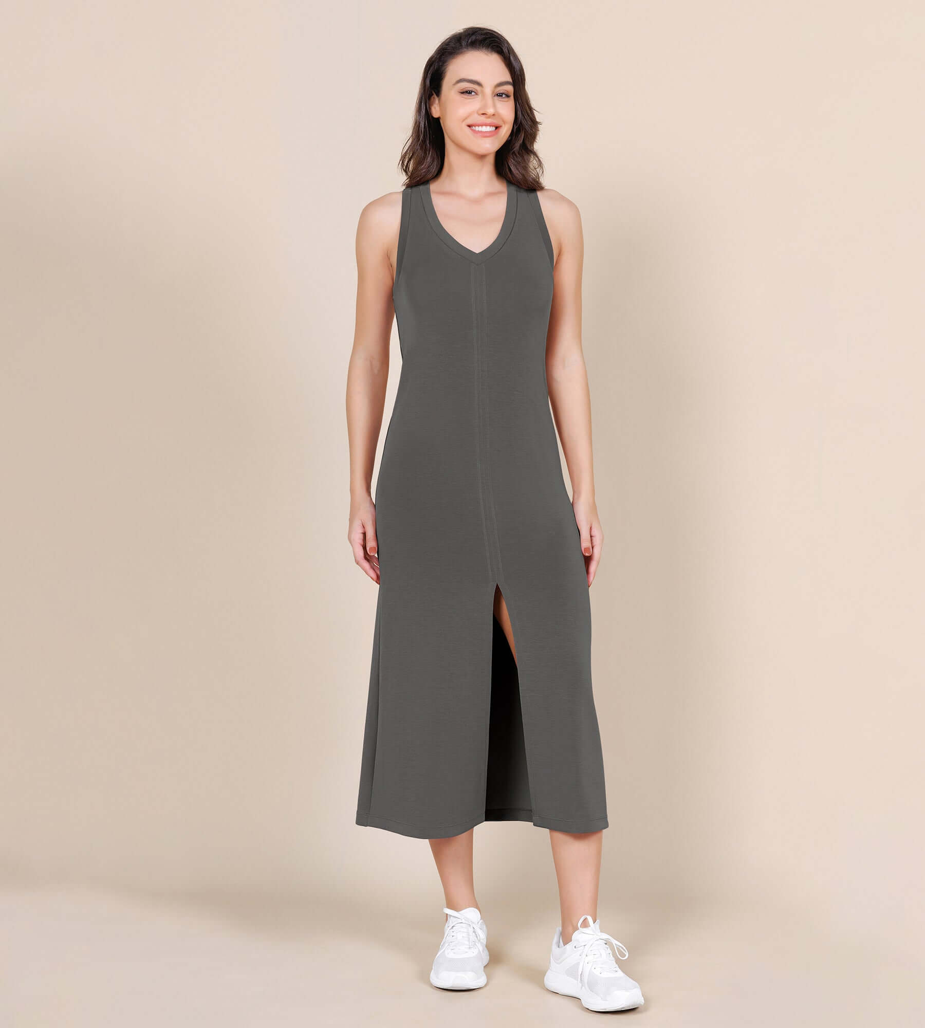 Modal Soft Front Split V Neck Midi Tank Dress - ododos