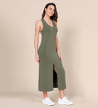 Modal Soft Front Split V Neck Midi Tank Dress Dark Sage - ododos