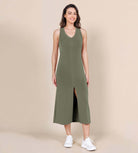 Modal Soft Front Split V Neck Midi Tank Dress - ododos