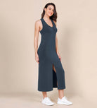 Modal Soft Front Split V Neck Midi Tank Dress Deep Blue - ododos