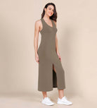 Modal Soft Front Split V Neck Midi Tank Dress Espresso - ododos