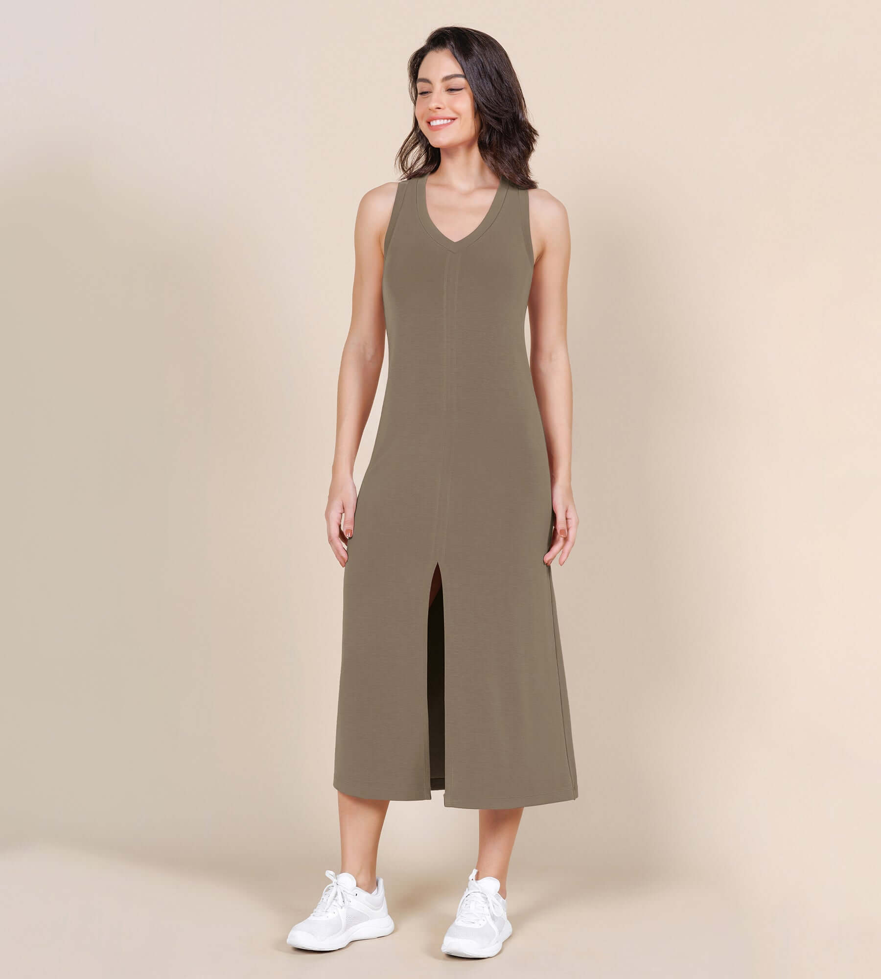 Modal Soft Front Split V Neck Midi Tank Dress - ododos