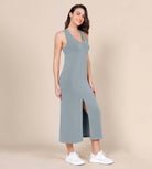 Modal Soft Front Split V Neck Midi Tank Dress Grey Blue - ododos