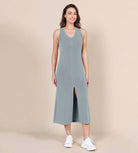 Modal Soft Front Split V Neck Midi Tank Dress - ododos