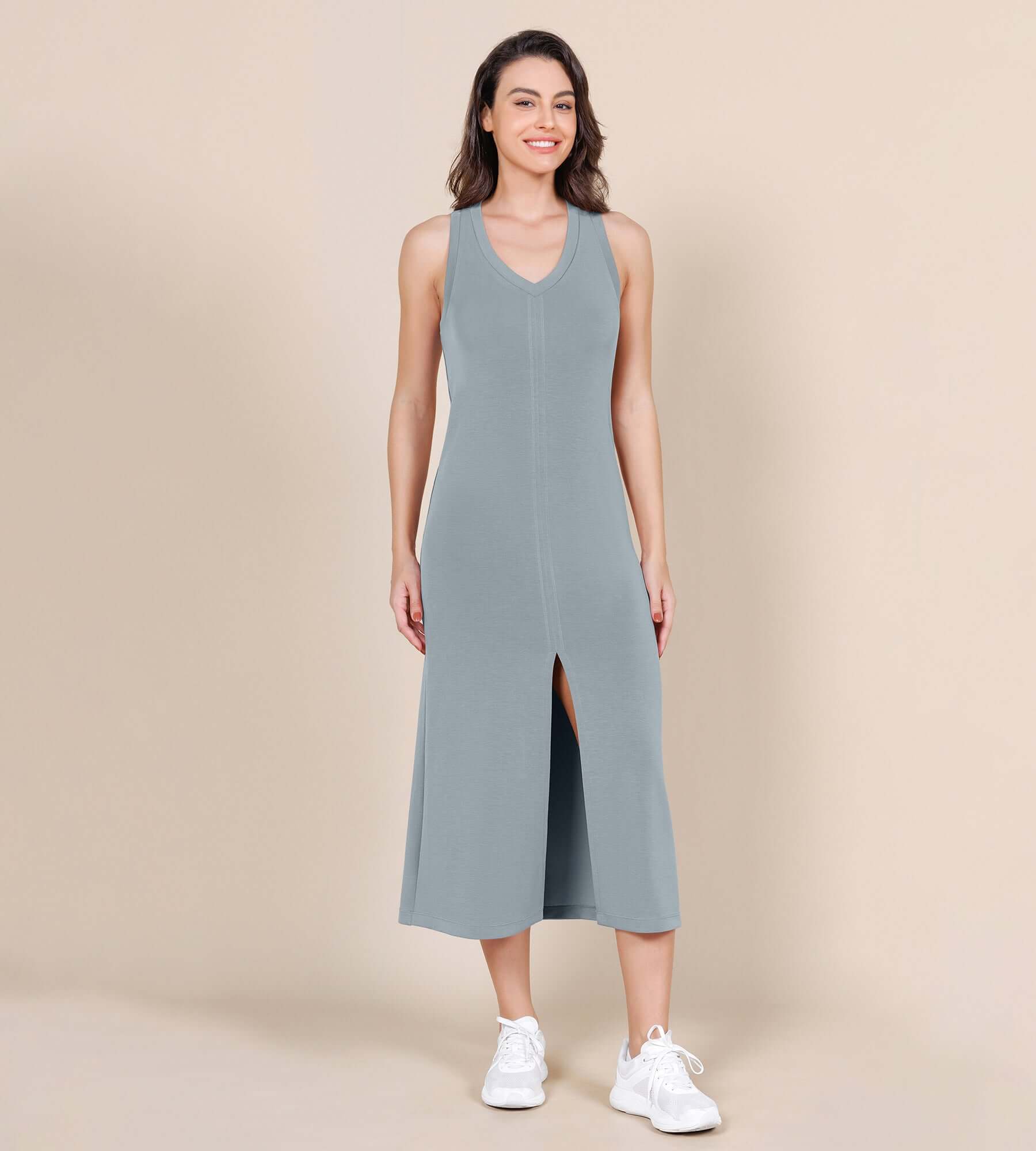 Modal Soft Front Split V Neck Midi Tank Dress - ododos