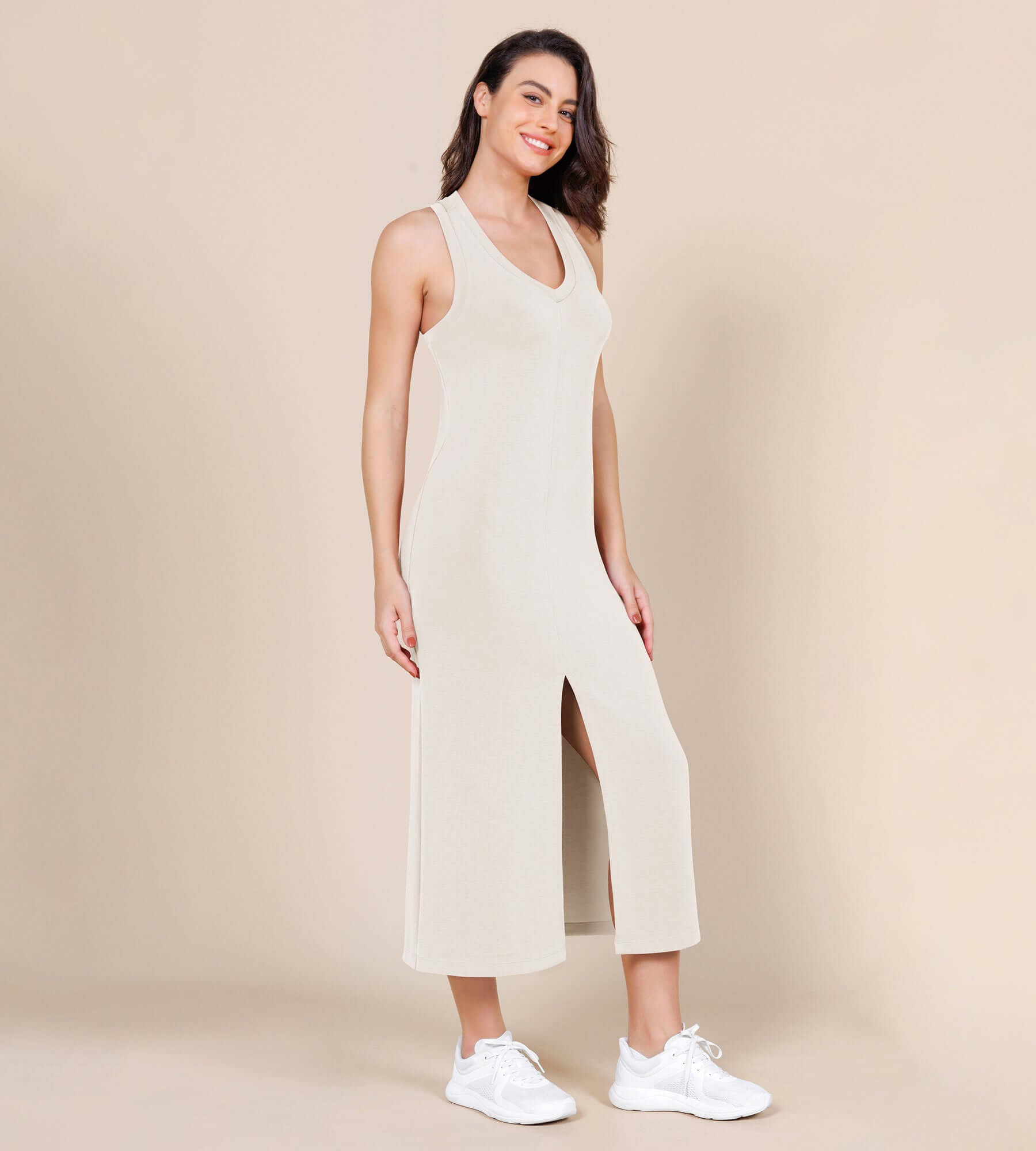 Modal Soft Front Split V Neck Midi Tank Dress Ivory - ododos