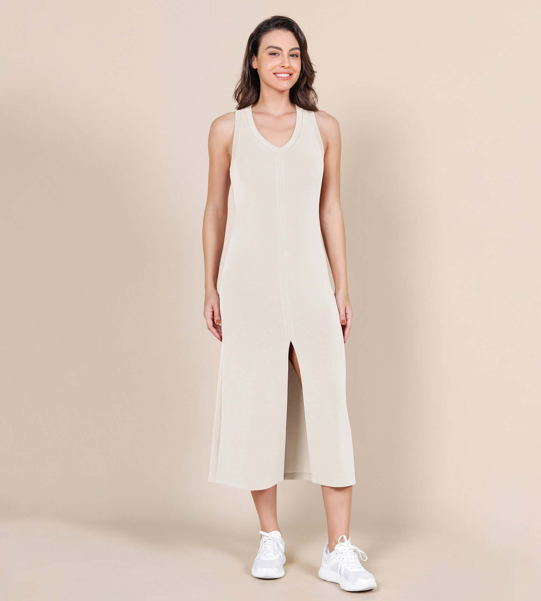 Modal Soft Front Split V Neck Midi Tank Dress - ododos