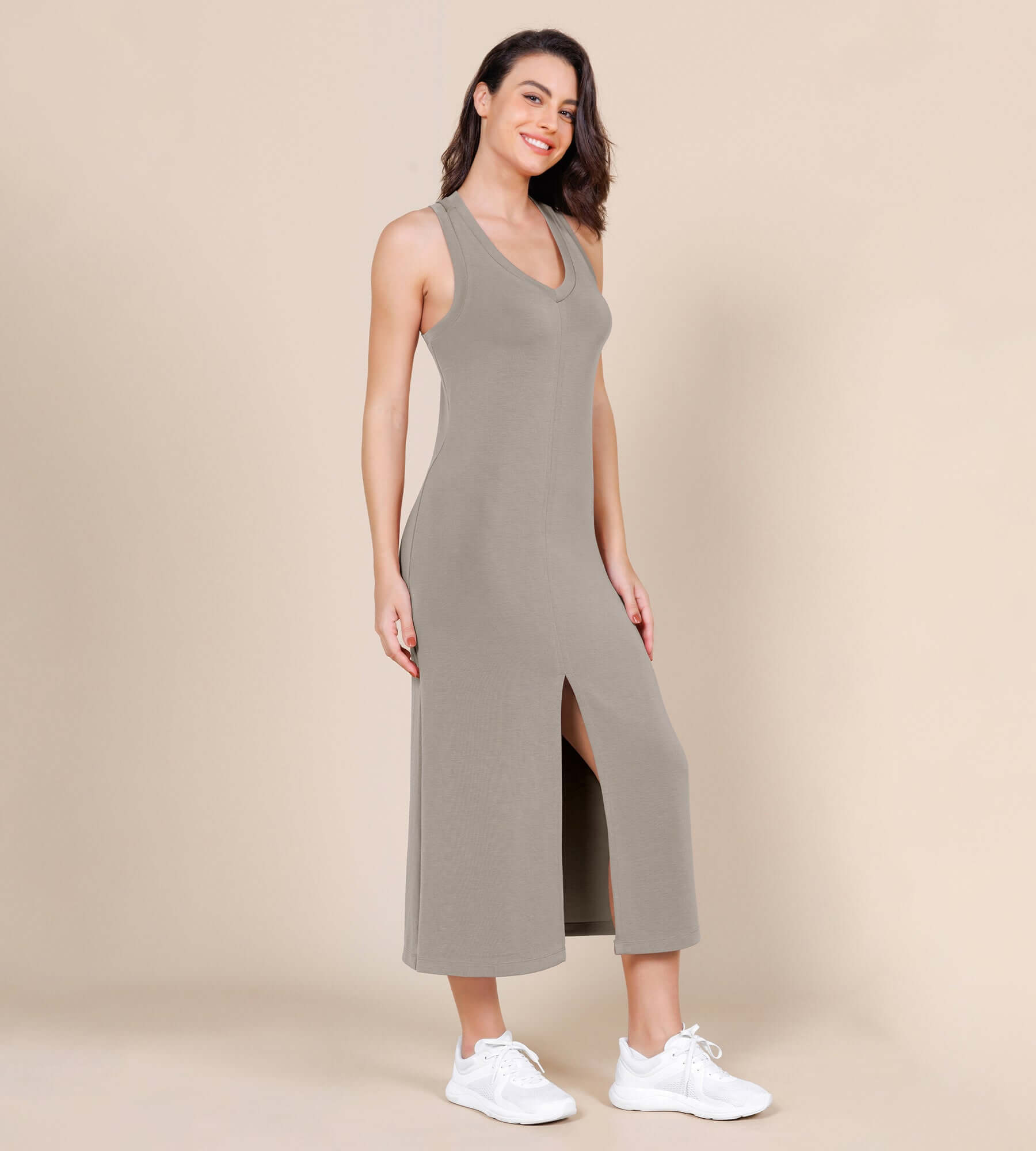 Modal Soft Front Split V Neck Midi Tank Dress Khaki - ododos