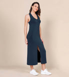 Modal Soft Front Split V Neck Midi Tank Dress Navy - ododos