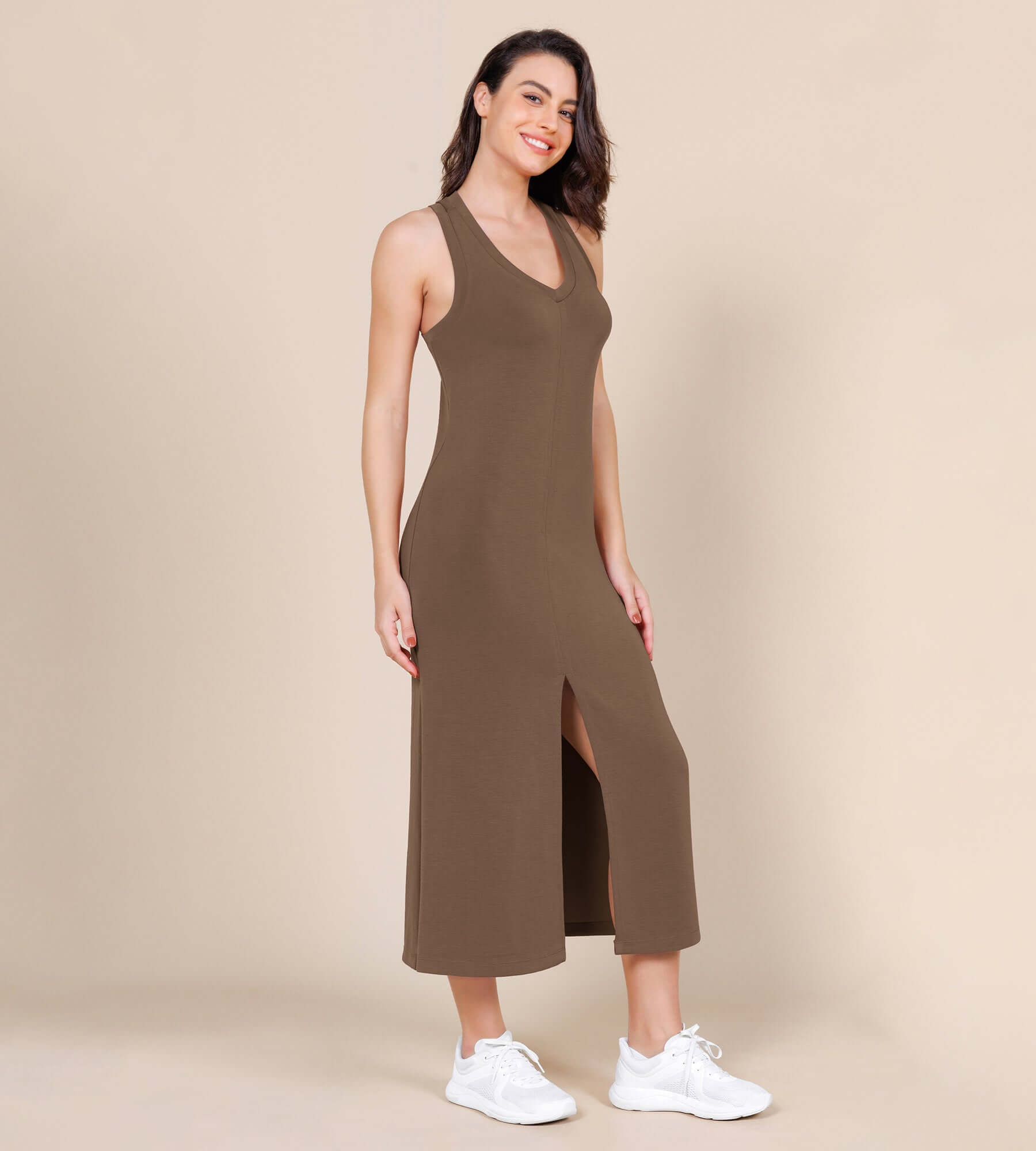 Modal Soft Front Split V Neck Midi Tank Dress Nutria - ododos