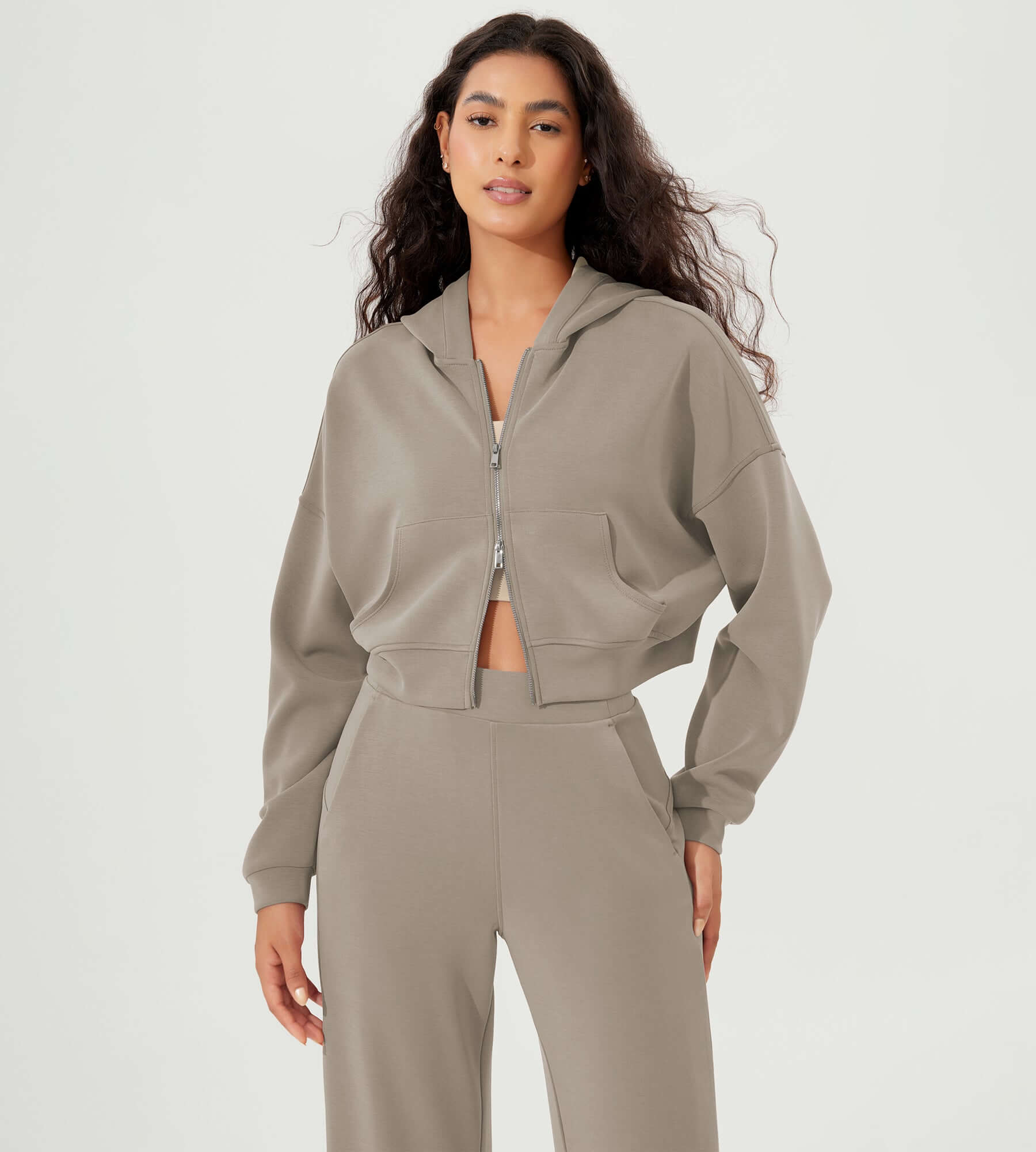 Full-Zip Cropped Long Sleeve Crop Casual Sweatshirts Jacket Khaki - ododos