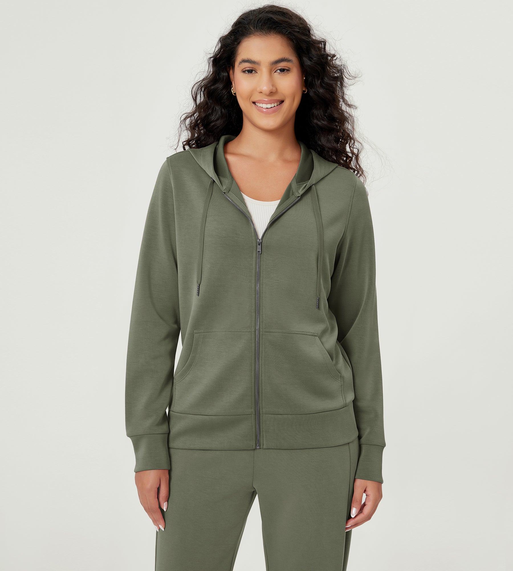 Modal Soft Full-Zip Hoodies Casual Jacket with Pockets Dark Sage - ododos