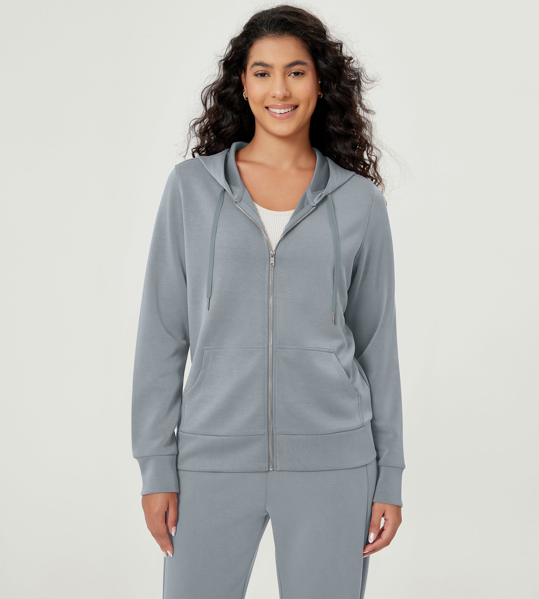 Modal Soft Full-Zip Hoodies Casual Jacket with Pockets Grey Blue - ododos