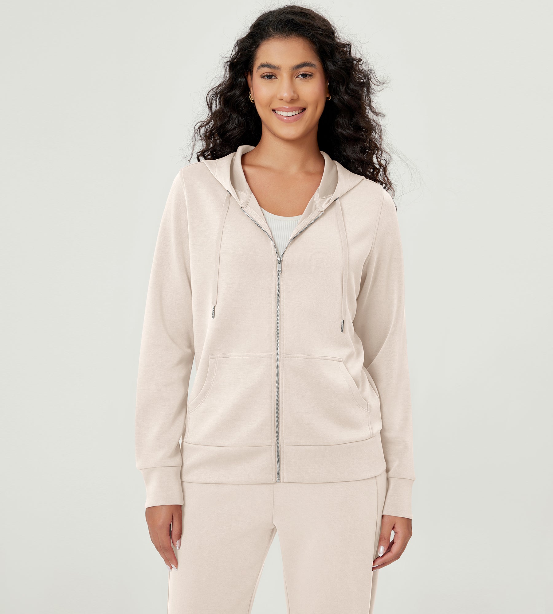 Modal Soft Full-Zip Hoodies Casual Jacket with Pockets Ivory - ododos