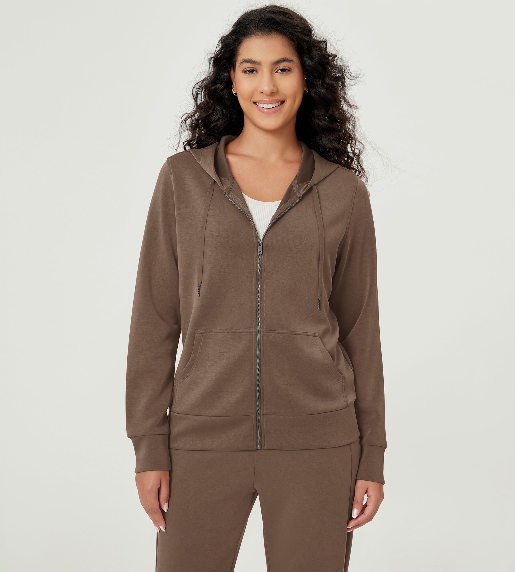 Modal Soft Full-Zip Hoodies Casual Jacket with Pockets Nutria - ododos