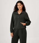 Modal Soft Cinchable Half Zipper Funnel Neck Oversize Pullover Black - ododos