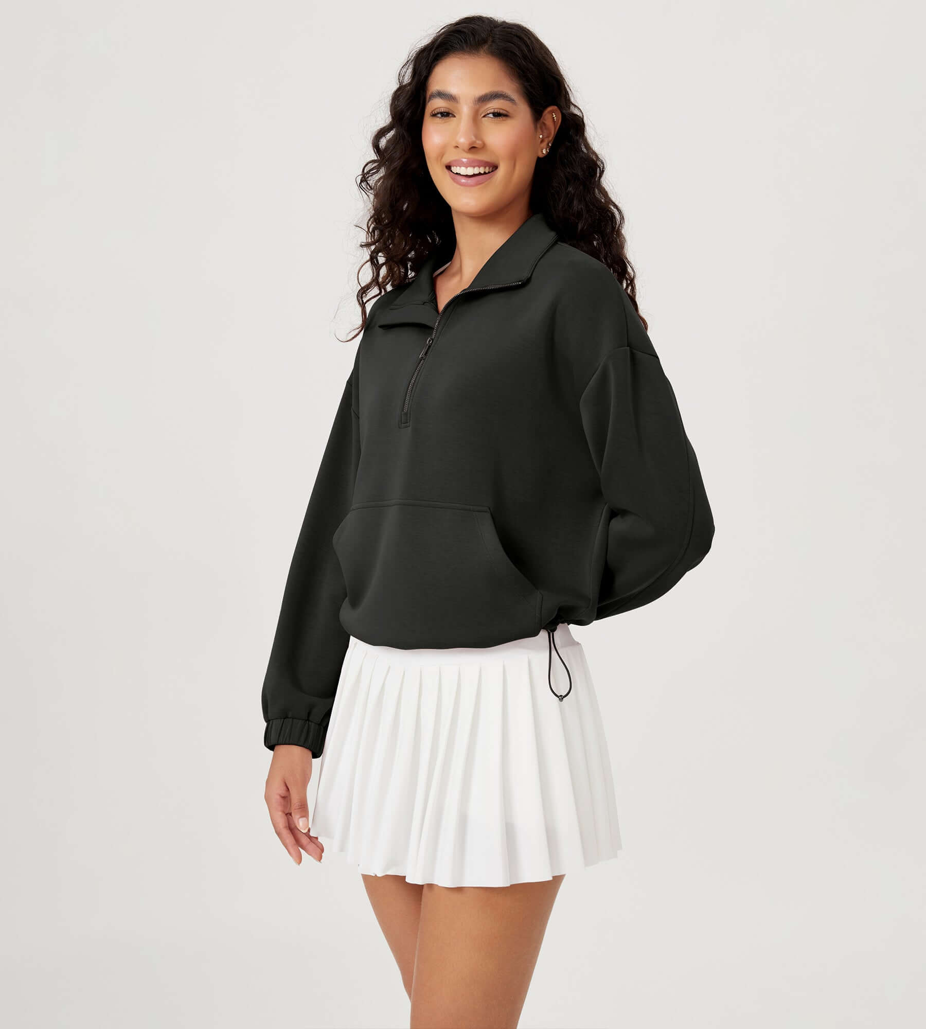 Modal Soft Cinchable Half Zipper Funnel Neck Oversize Pullover - ododos