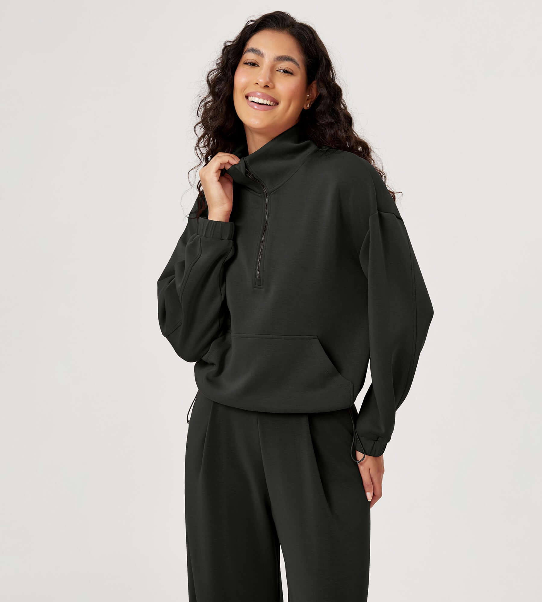 Modal Soft Cinchable Half Zipper Funnel Neck Oversize Pullover - ododos