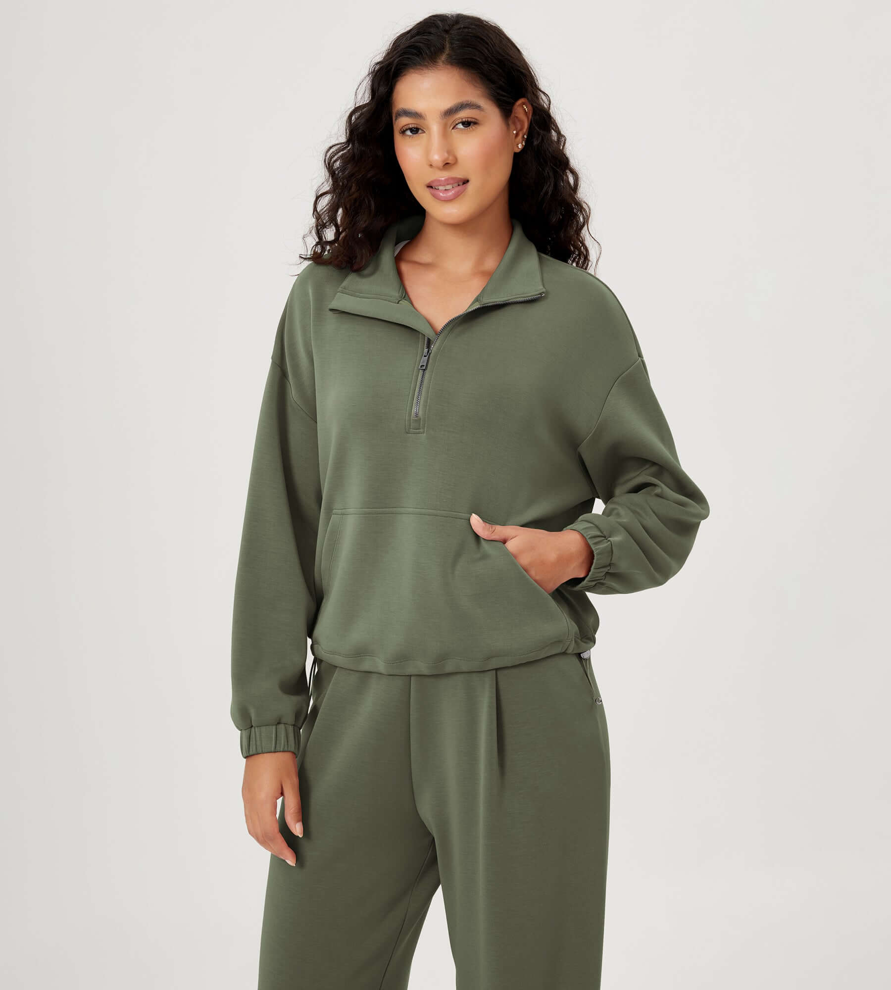 Modal Soft Cinchable Half Zipper Funnel Neck Oversize Pullover Dark Sage - ododos