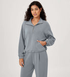 Modal Soft Cinchable Half Zipper Funnel Neck Oversize Pullover Grey Blue - ododos